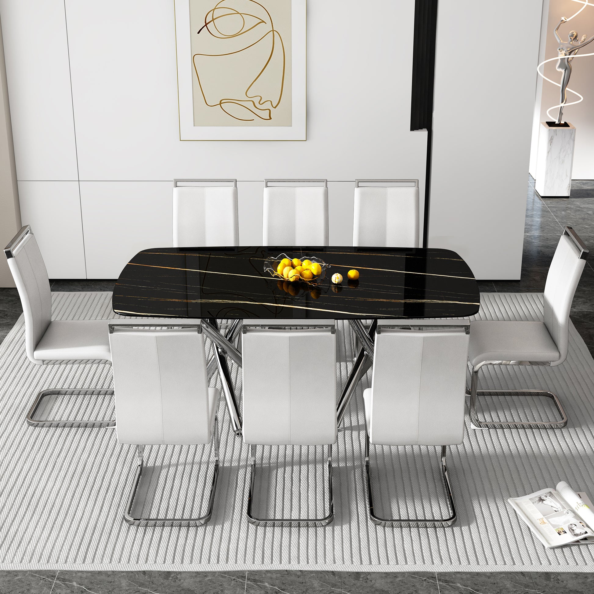 Large Modern Minimalist Rectangular Dining Table With 0.39 "Imitation Marble Black Tabletop And Silver Metal Legs, Suitable For Kitchens, Living Rooms, Conference Rooms, And Banquet Halls 1538 Black Glass