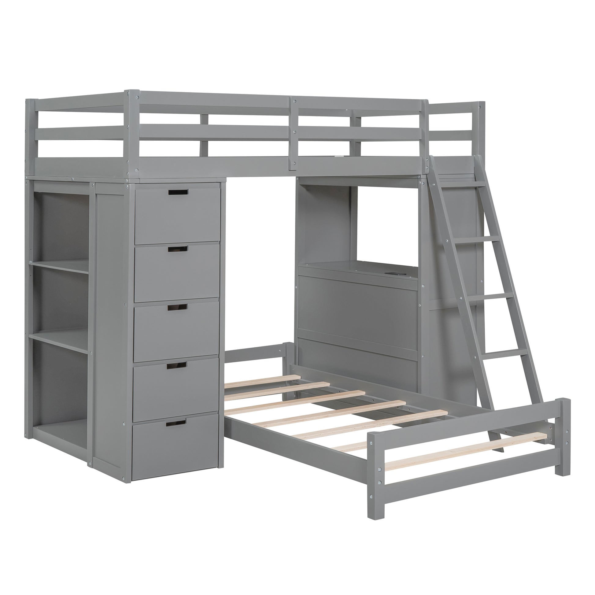 Twin Over Twin Bunk Bed With Led Light And Usb Ports, Gray Twin Gray Plywood