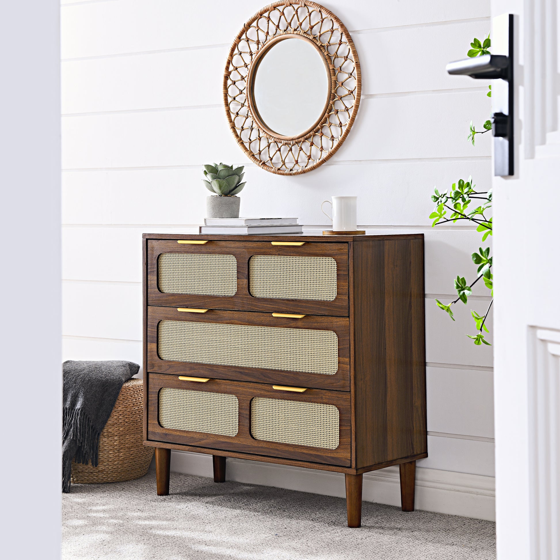 3 Drawer Dresser, Modern Rattan Dresser Cabinet With Wide Drawers And Metal Handles, Farmhouse Wooden Storage Chest Of Drawers For Room, Living Room, Hallway, Entrance, Office Walnut Solid Wood Mdf