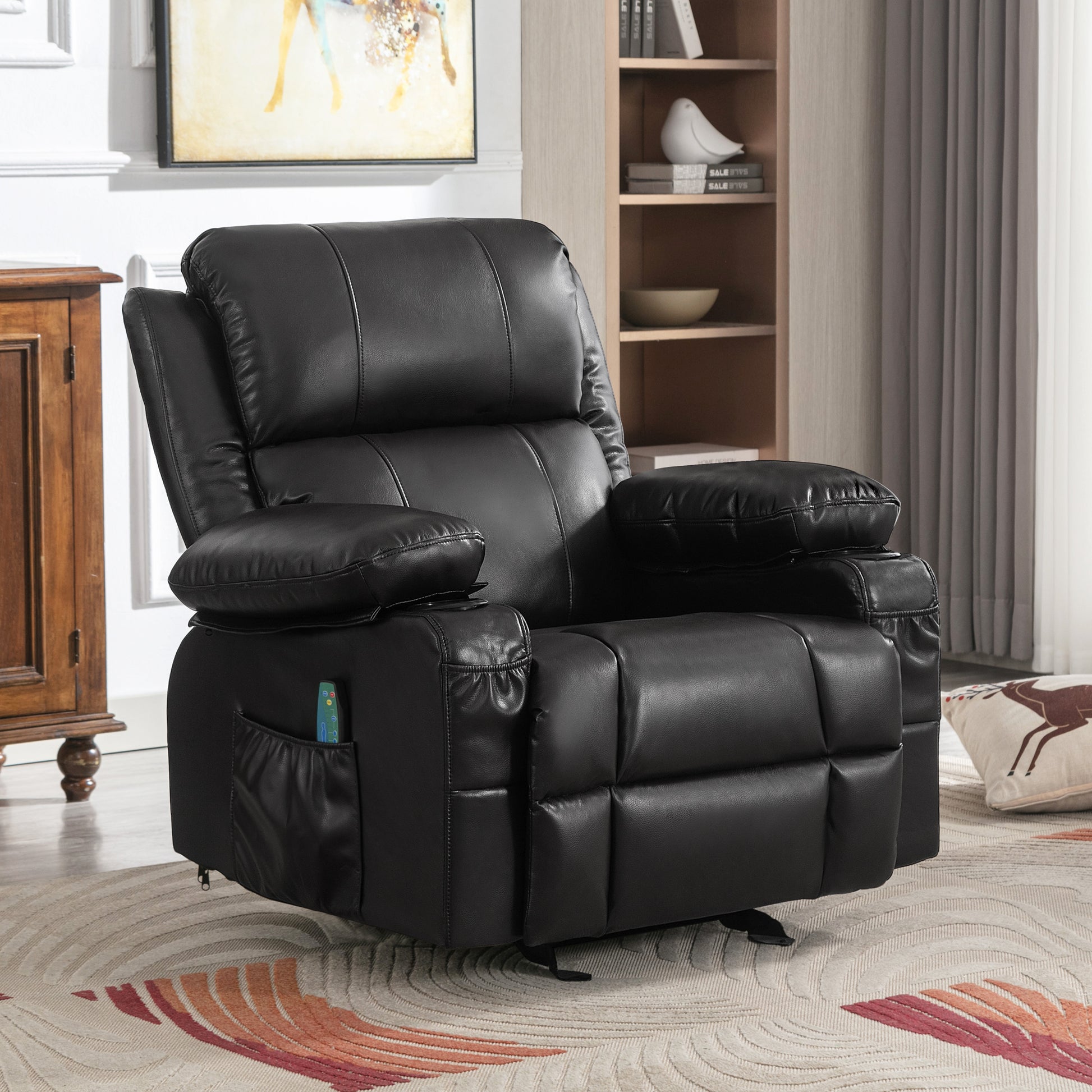 Recliner Chair Rocking Chairs For Adults With 2 Cup Holders, Usb Charge Port Soft Features A Manual Massage And Heat.Black Black Metal Soft Heavy Duty Foam Polyester