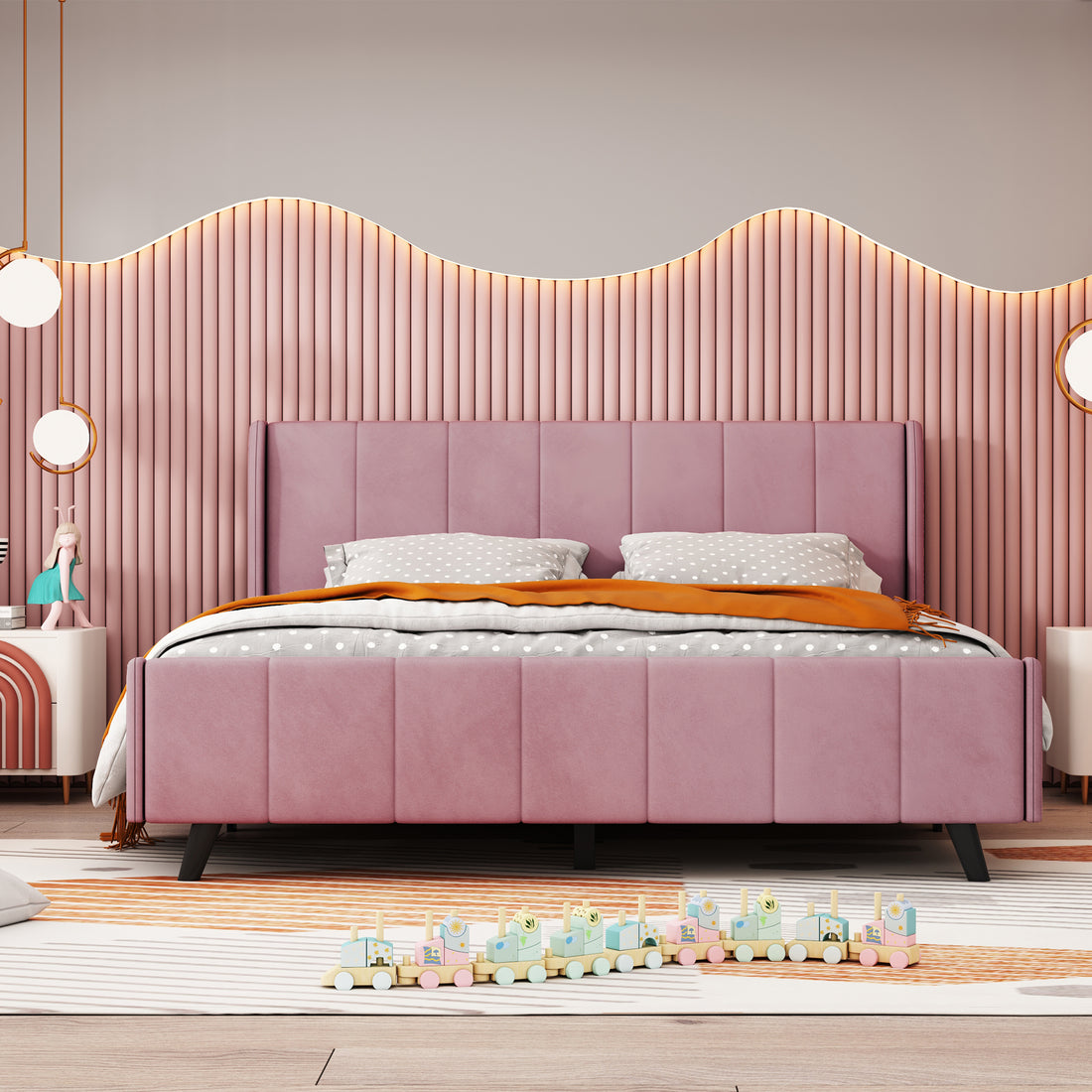 Queen Size Upholstered Platform Bed, Velvet, Pink Pink Upholstered