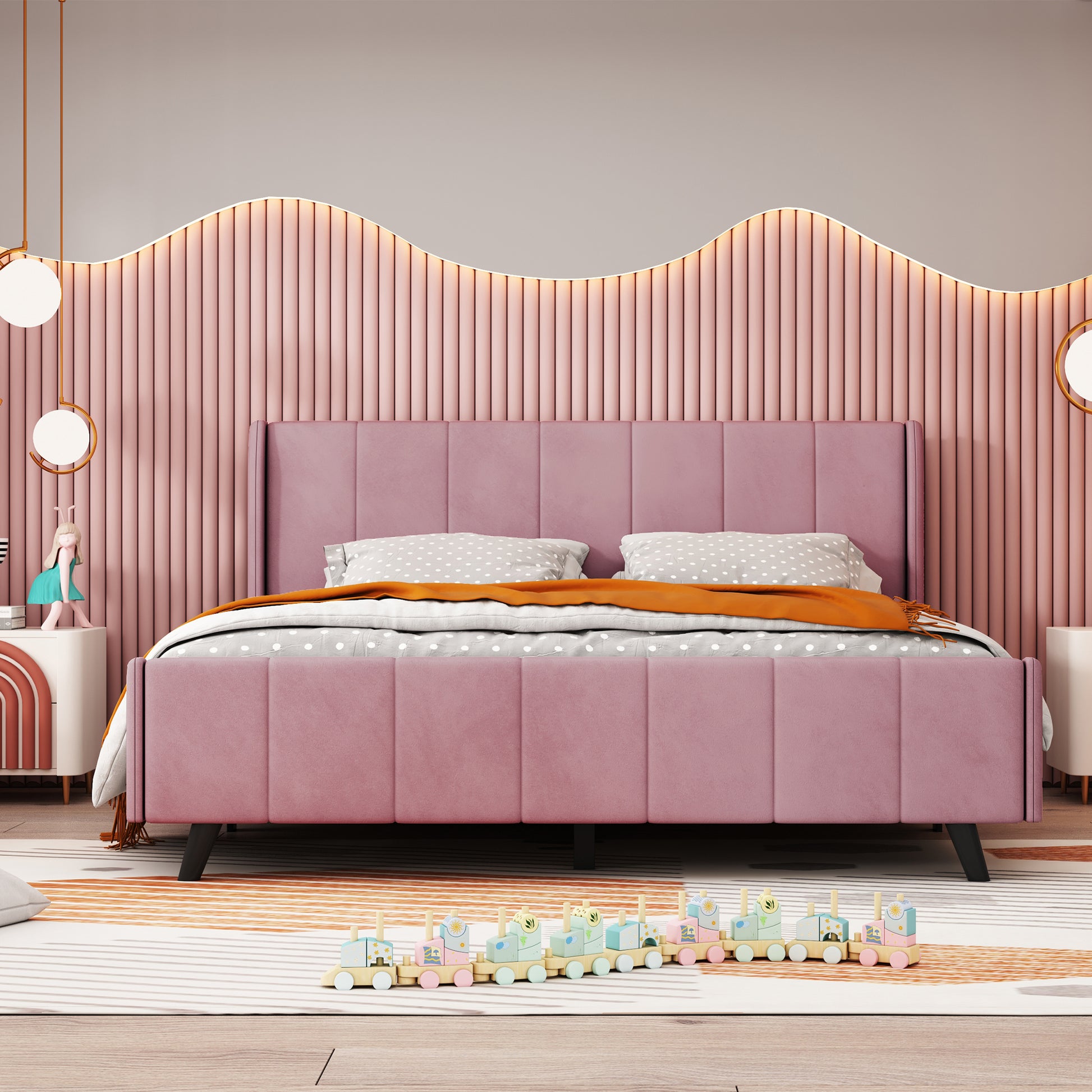 Queen Size Upholstered Platform Bed, Velvet, Pink Pink Upholstered