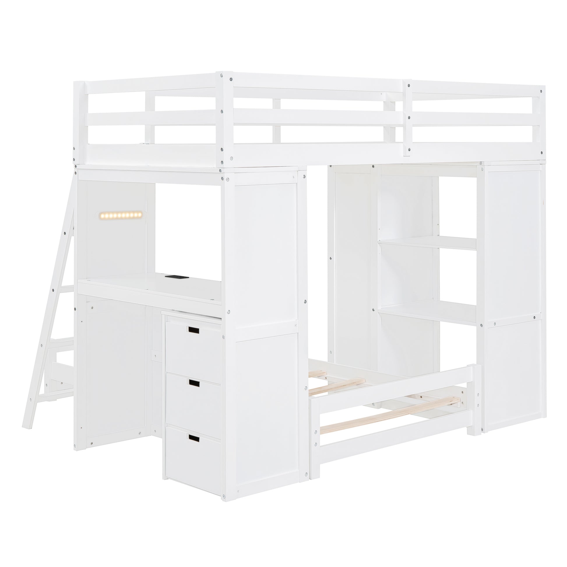 Twin Over Twin Bunk Bed With Led Light And Usb Ports, White Twin White Plywood