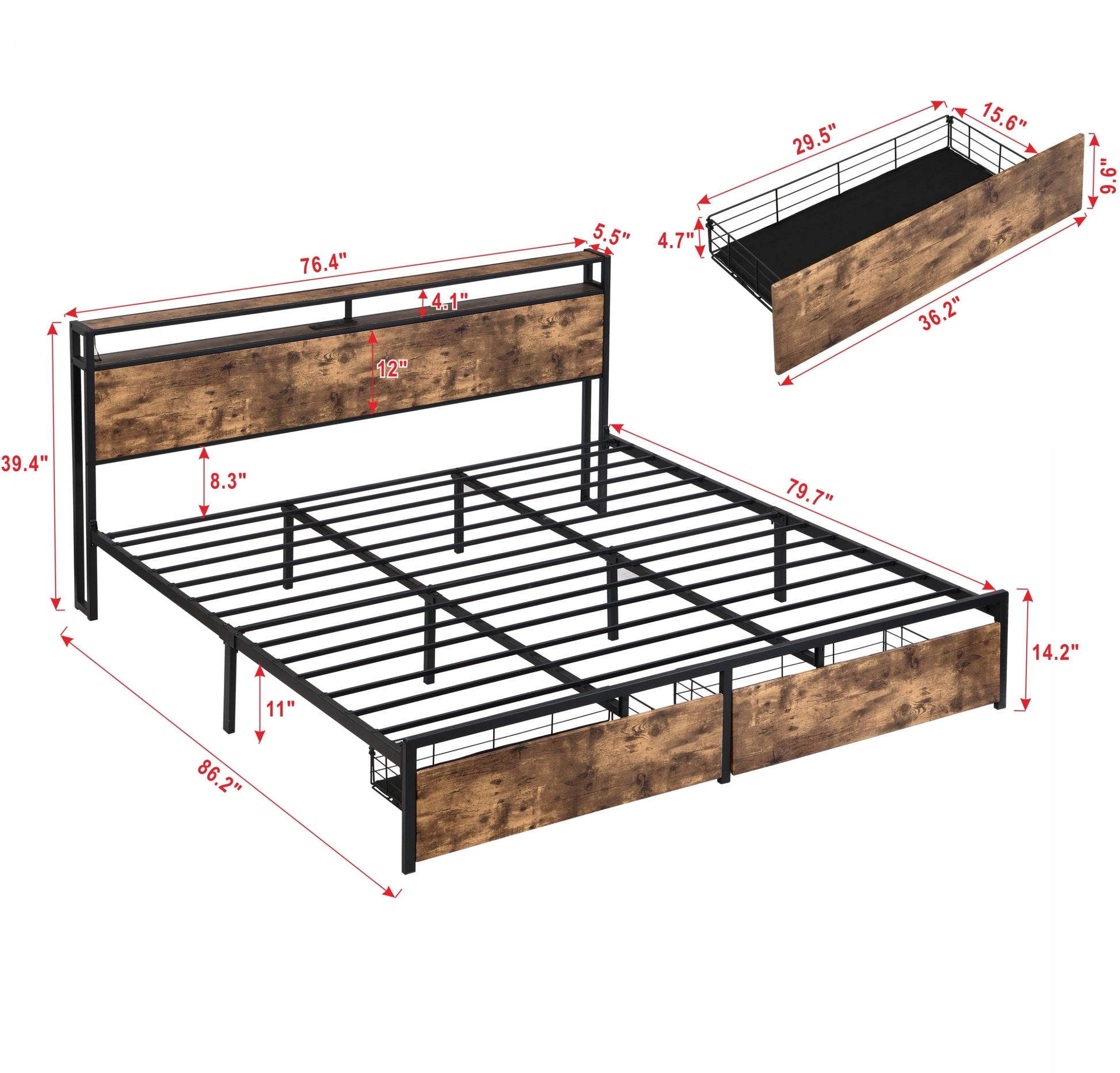 King Bed Frame, Storage Headboard With Charging Station, Solid And Stable, Noise Free, No Box Spring Needed, Easy Assembly King Antique Brown Metal Bedroom Bed Frame Metal & Wood