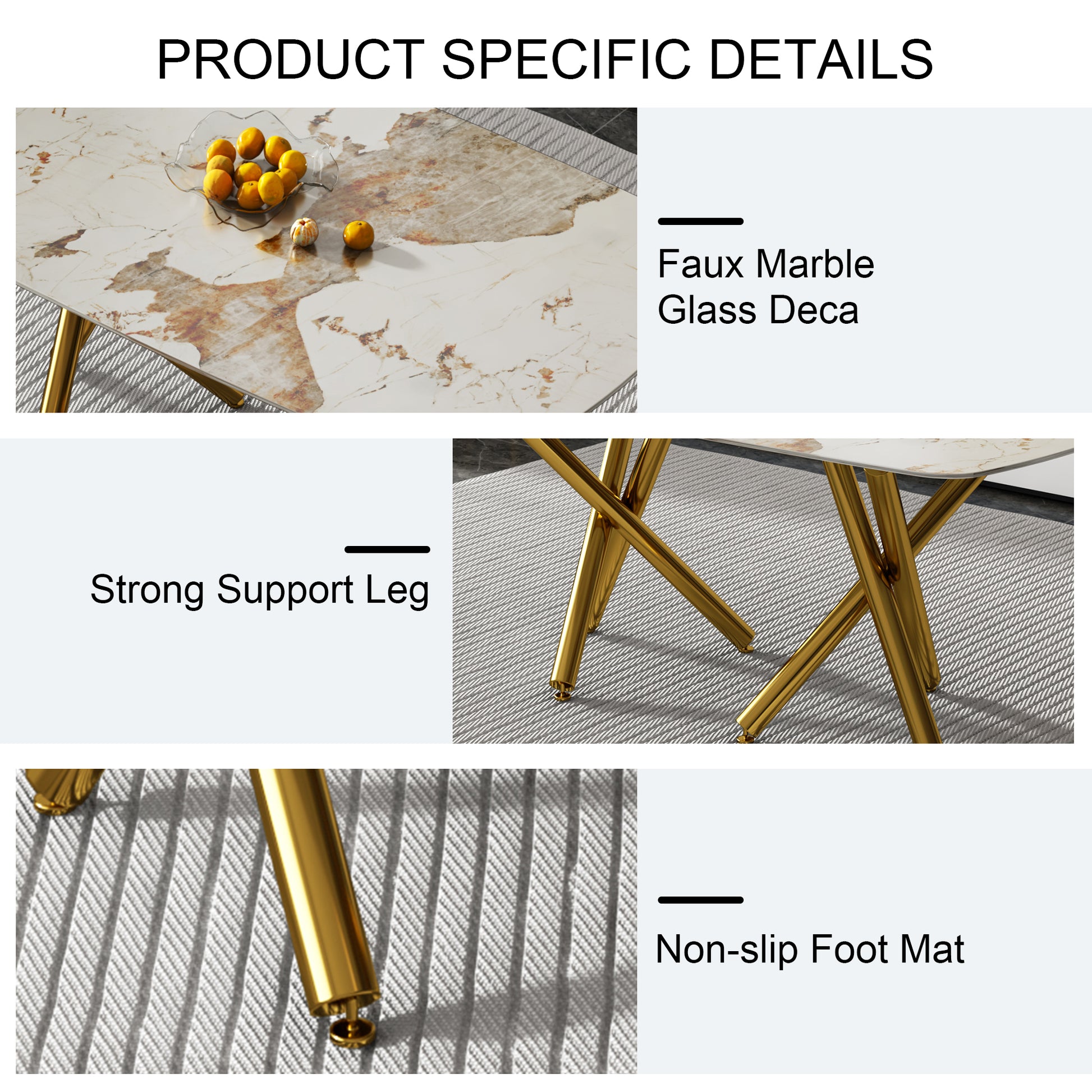 A Modern Minimalist Rectangular Dining Table With A 0.39 Inch Imitation Marble Patterned Glass Tabletop And Gold Plated Metal Legs,For Kitchen Dining Living Meeting Room Banquet Hall,1538 White Glass