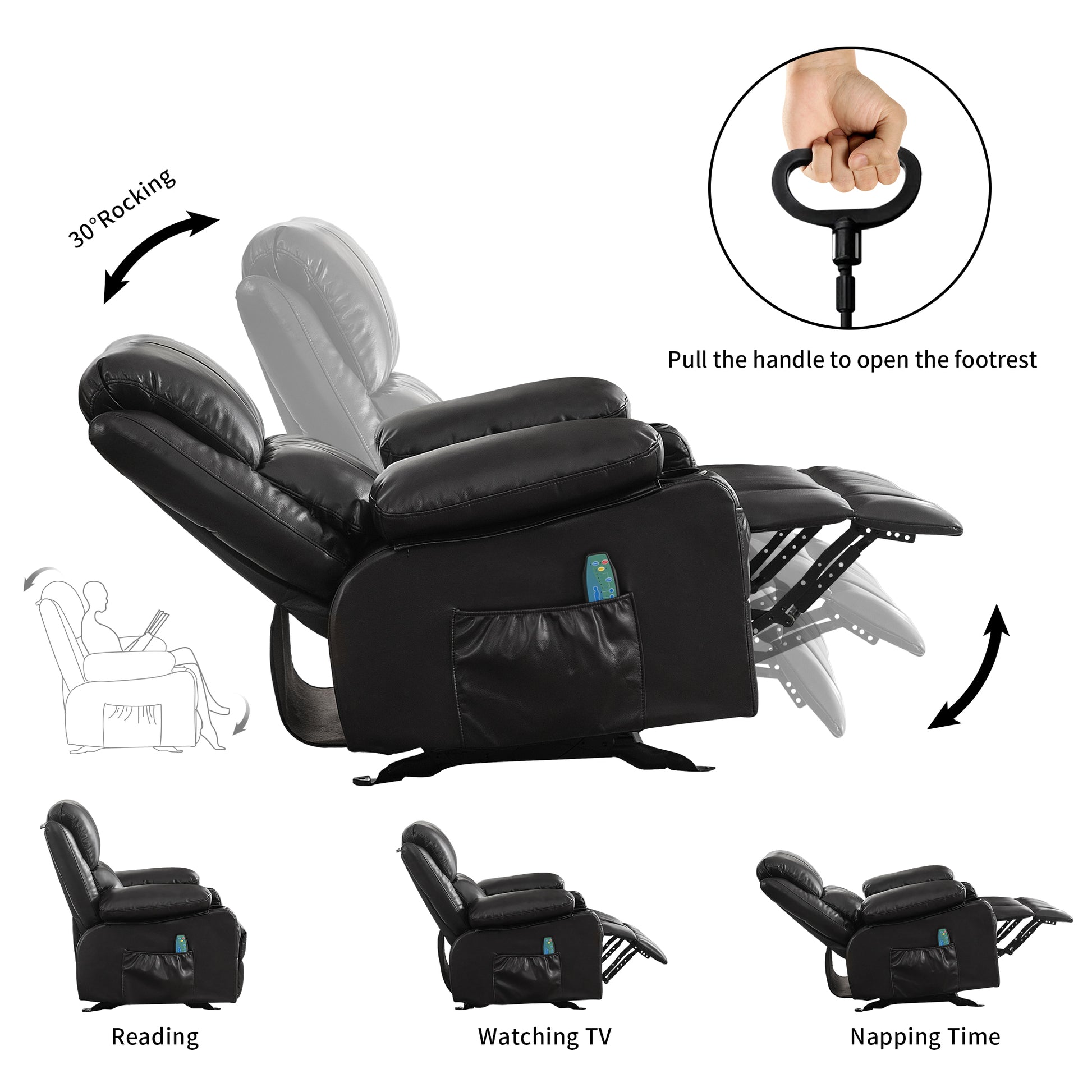 Recliner Chair Rocking Chairs For Adults With 2 Cup Holders, Usb Charge Port Soft Features A Manual Massage And Heat.Black Black Metal Soft Heavy Duty Foam Polyester