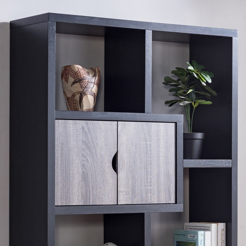 Two Toned Display Cabinet, Two Door Bookcase Six Shelves In Black & Distressed Grey Black Particle Board