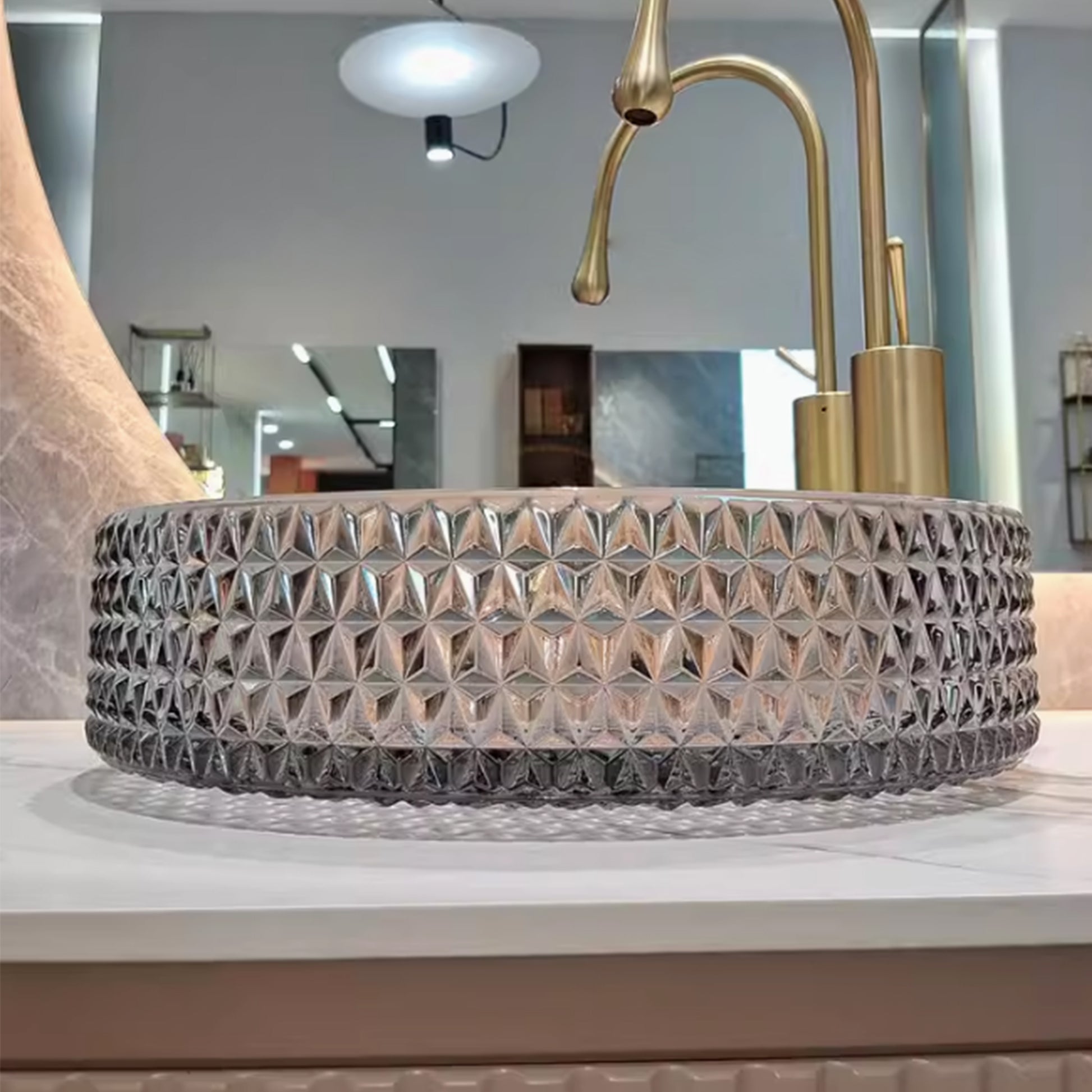 Glass Basin Circular Vessel Bathroom Basin, Bathroom Countertop Basin Transparent Grey Grey Bathroom Modern Glass