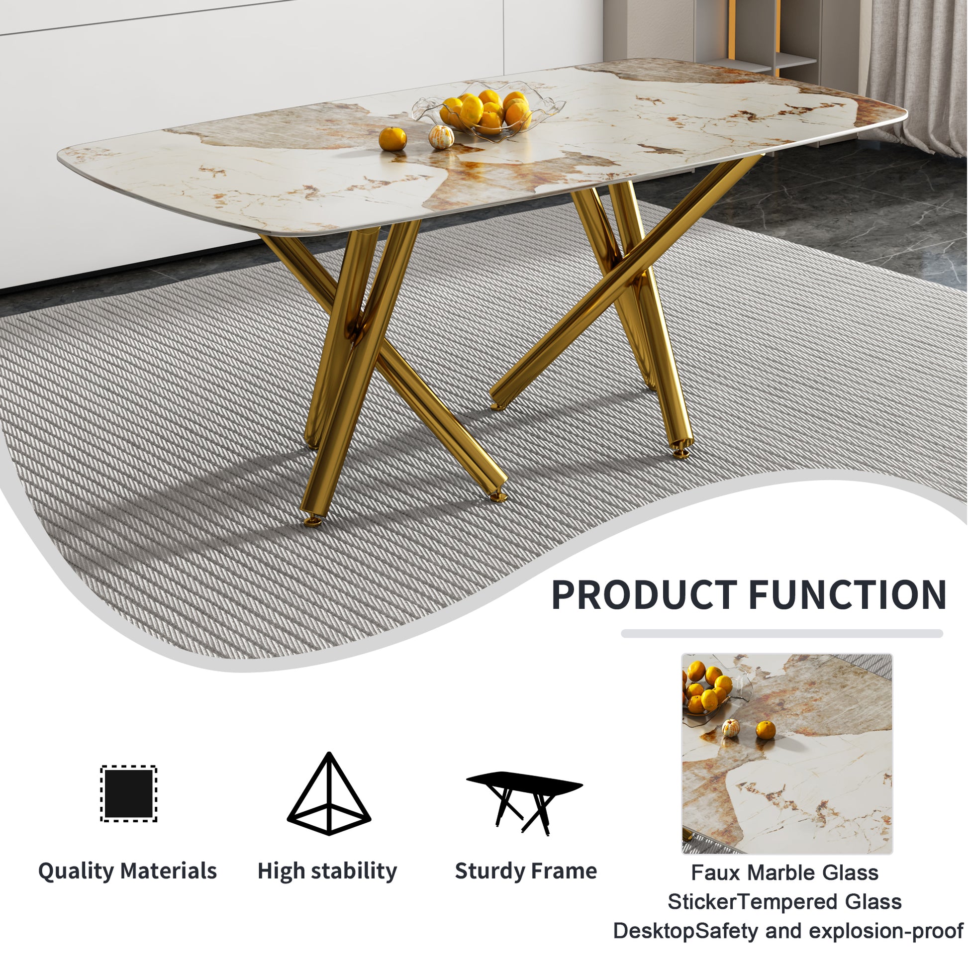 A Modern Minimalist Rectangular Dining Table With A 0.39 Inch Imitation Marble Patterned Glass Tabletop And Gold Plated Metal Legs,For Kitchen Dining Living Meeting Room Banquet Hall,1538 White Glass