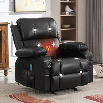 Recliner Chair Rocking Chairs For Adults With 2 Cup Holders, Usb Charge Port Soft Features A Manual Massage And Heat.Black Black Metal Soft Heavy Duty Foam Polyester