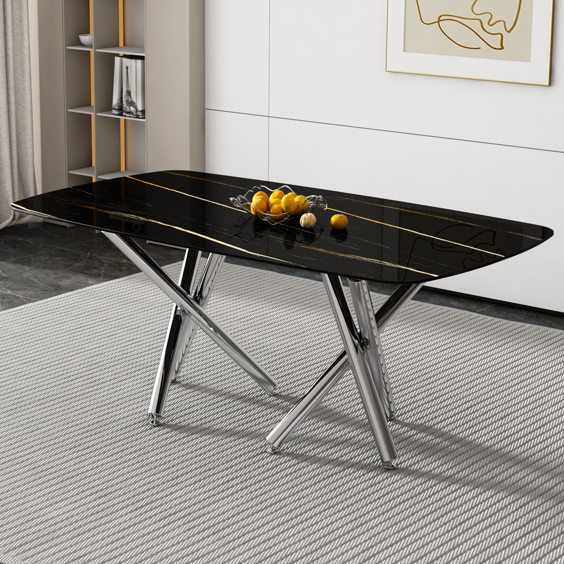 Large Modern Minimalist Rectangular Dining Table With 0.39 "Imitation Marble Black Tabletop And Silver Metal Legs, Suitable For Kitchens, Living Rooms, Conference Rooms, And Banquet Halls 1538 Black Glass