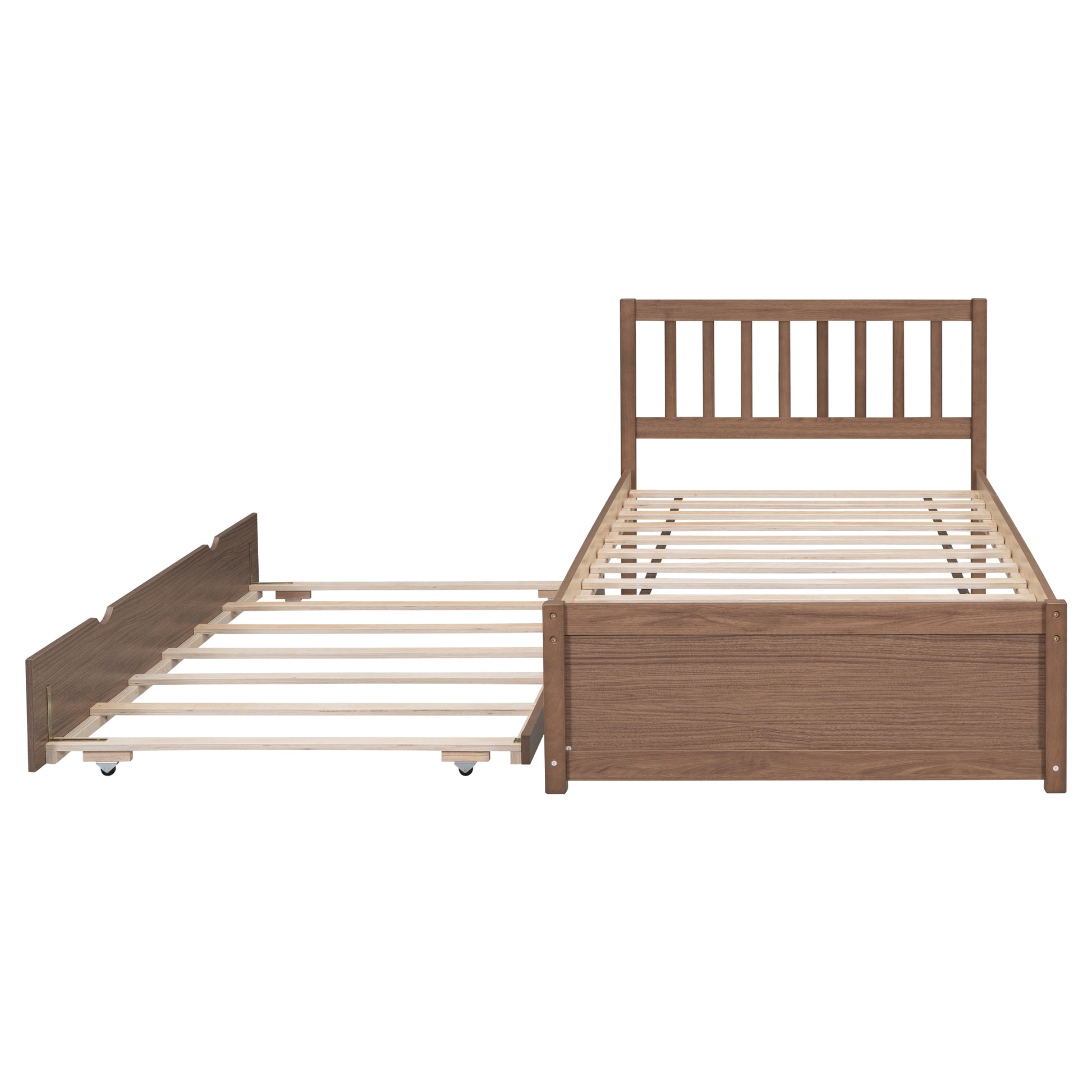 Modern Design Wooden Twin Size Platform Bed Frame With Trundle For Walnut Color Walnut Rubber Wood