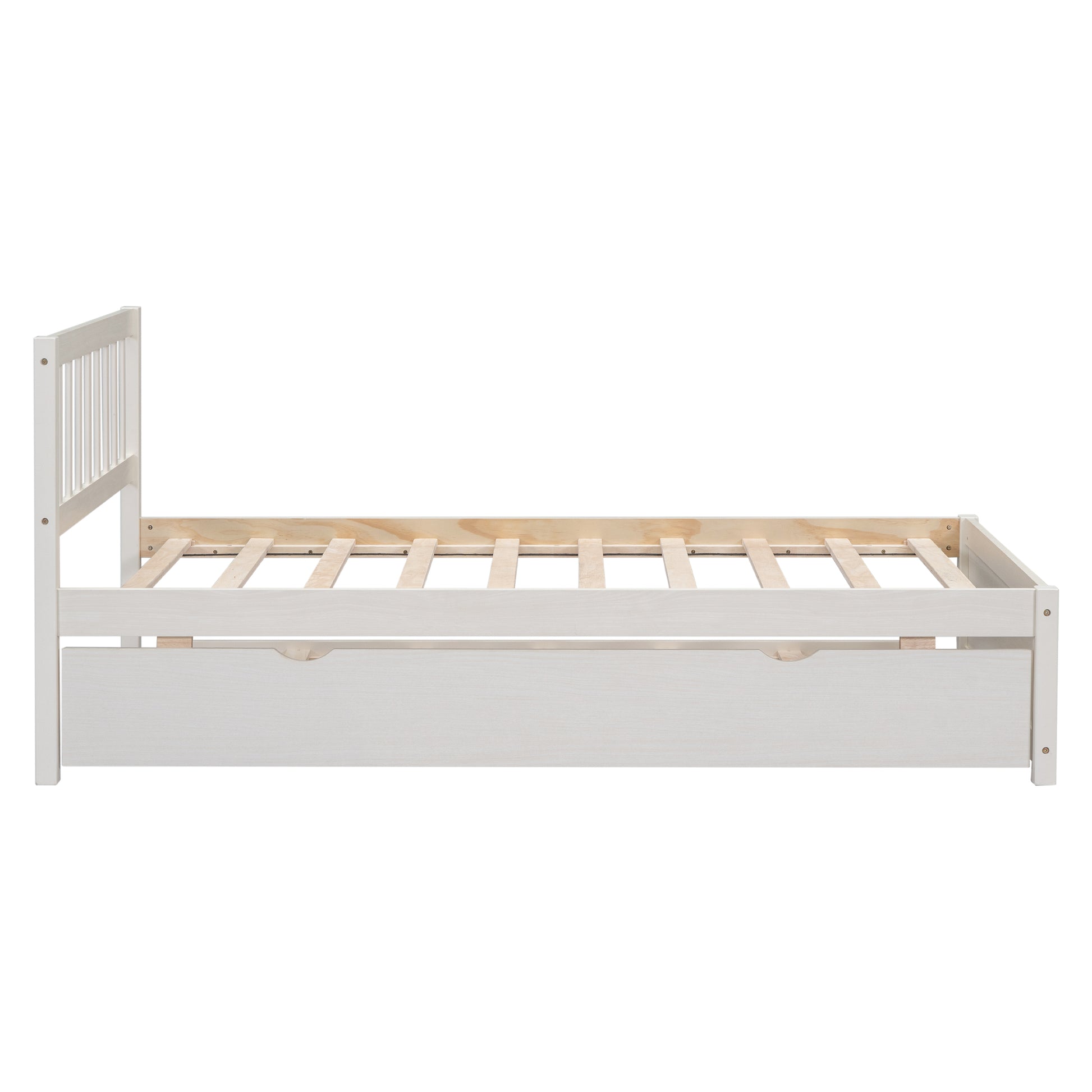 Wooden Twin Size Platform Bed Frame With Trundle For White Washed Color White Washed Rubber Wood