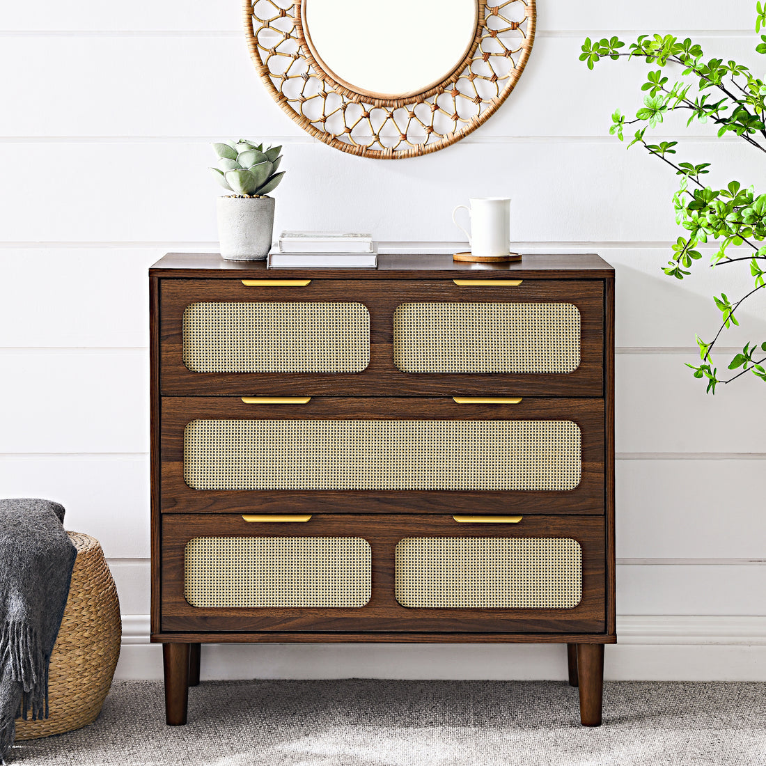 3 Drawer Dresser, Modern Rattan Dresser Cabinet With Wide Drawers And Metal Handles, Farmhouse Wooden Storage Chest Of Drawers For Room, Living Room, Hallway, Entrance, Office Walnut Solid Wood Mdf