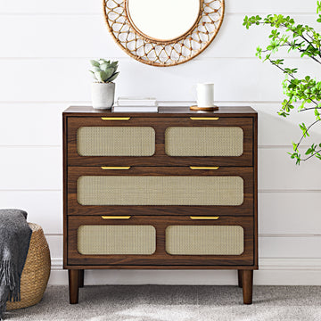 3 Drawer Dresser, Modern Rattan Dresser Cabinet With Wide Drawers And Metal Handles, Farmhouse Wooden Storage Chest Of Drawers For Room, Living Room, Hallway, Entrance, Office Walnut Solid Wood Mdf