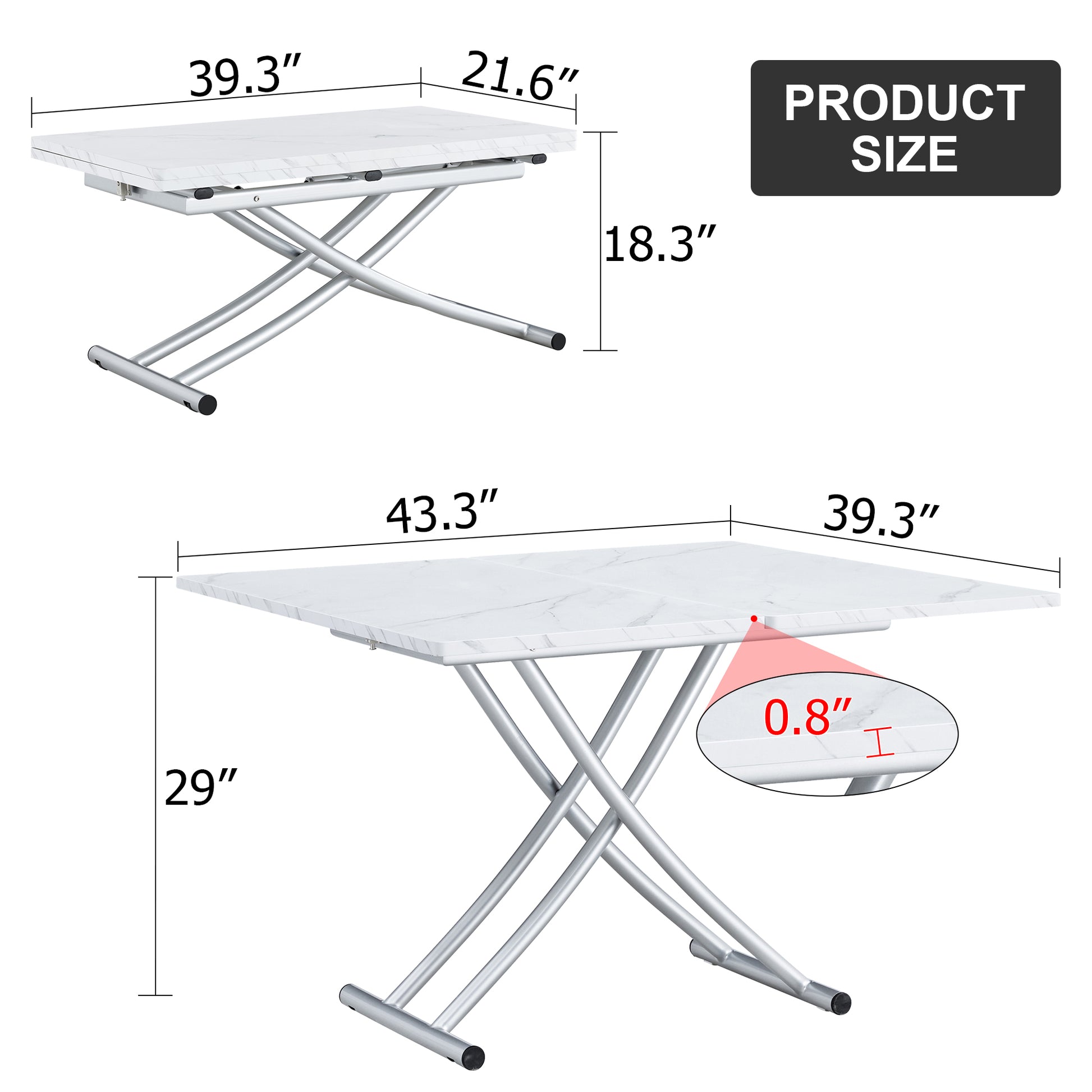 Modern Minimalist Multifunctional Lift Table With 0.8 Inch Mdf Desktop And Silver Metal Legs, Can Be Used As A Dressing Table, Coffee Table, Dining Table, And Office Table White Metal