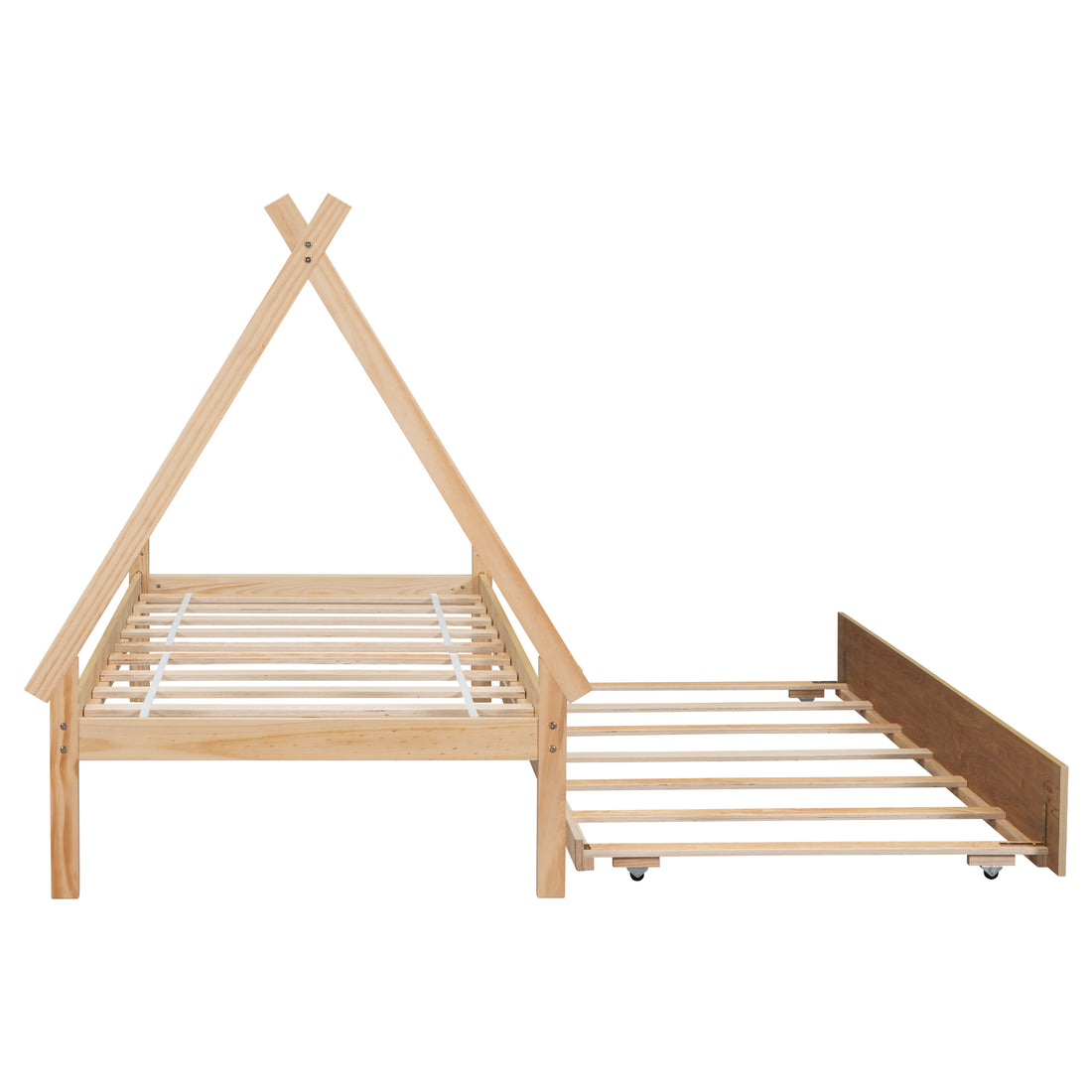 Twin Size Tent Floor Bed, Teepee Bed, With Trundle,Natural Twin Natural Wood Bedroom American Design Pine Bed Frame Pine