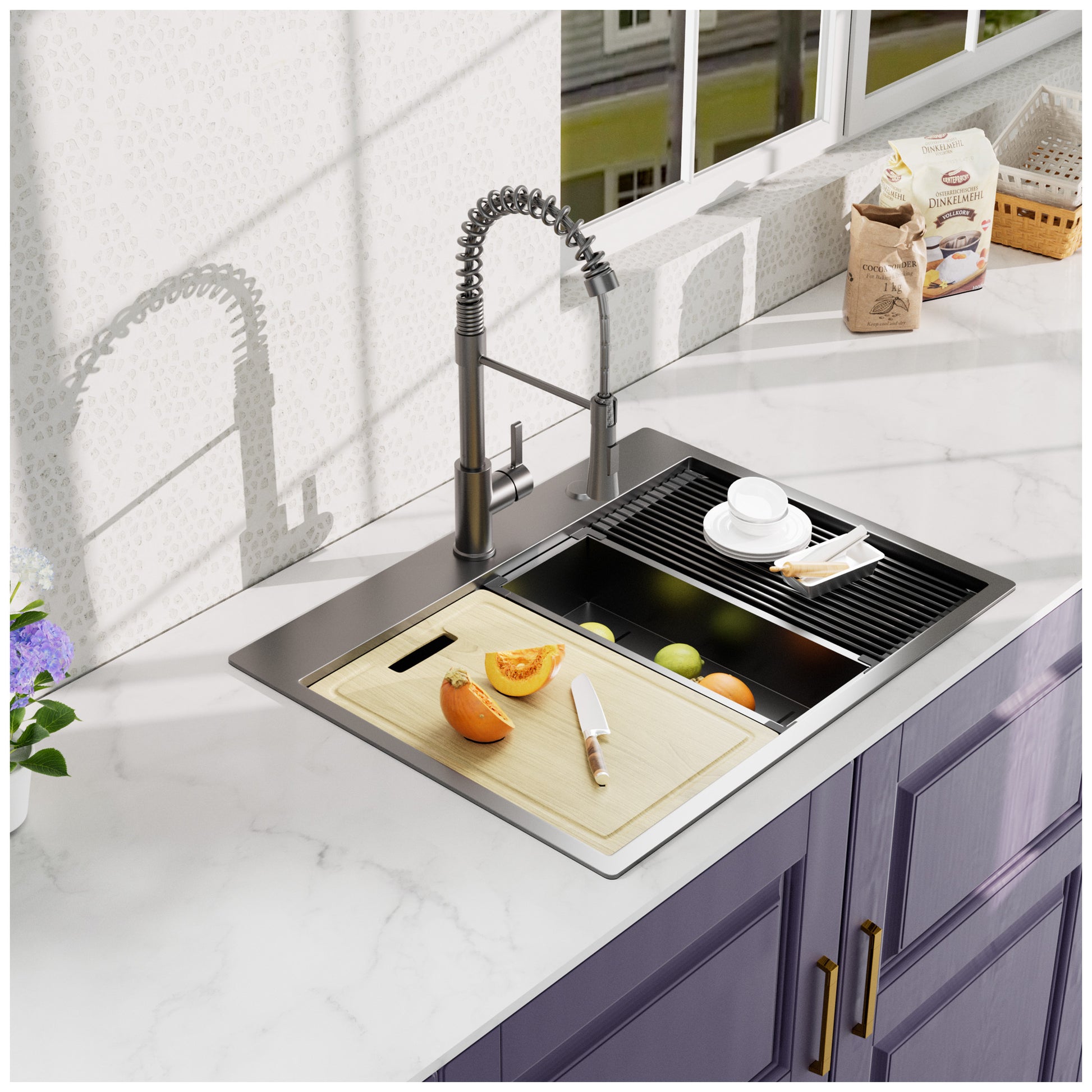 27 Inch Topmount Gunmetal Black Worksation Kitchen Sink 18 Gauge Stainless Steel Single Bowl Sink With Faucet Gunmetal Black Stainless Steel