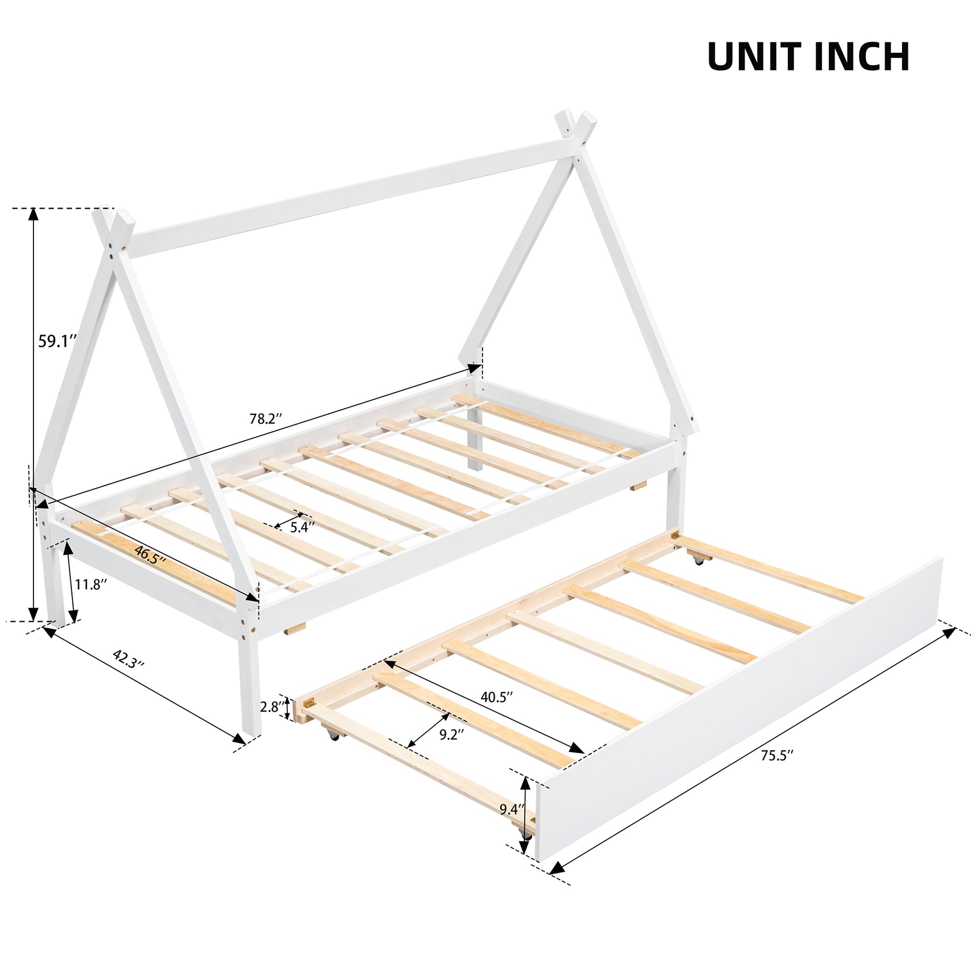 Twin Size Tent Floor Bed, Teepee Bed, With Trundle,White Twin White Wood Bedroom American Design Pine Bed Frame Pine