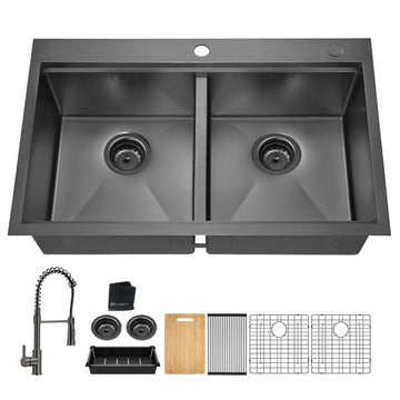 33X22 Inch Gunmetal Black Topmount Double Bowl Workstation Kitchen Sink 18 Gauge Stainless Steel With Black Faucet Gunmetal Black Stainless Steel