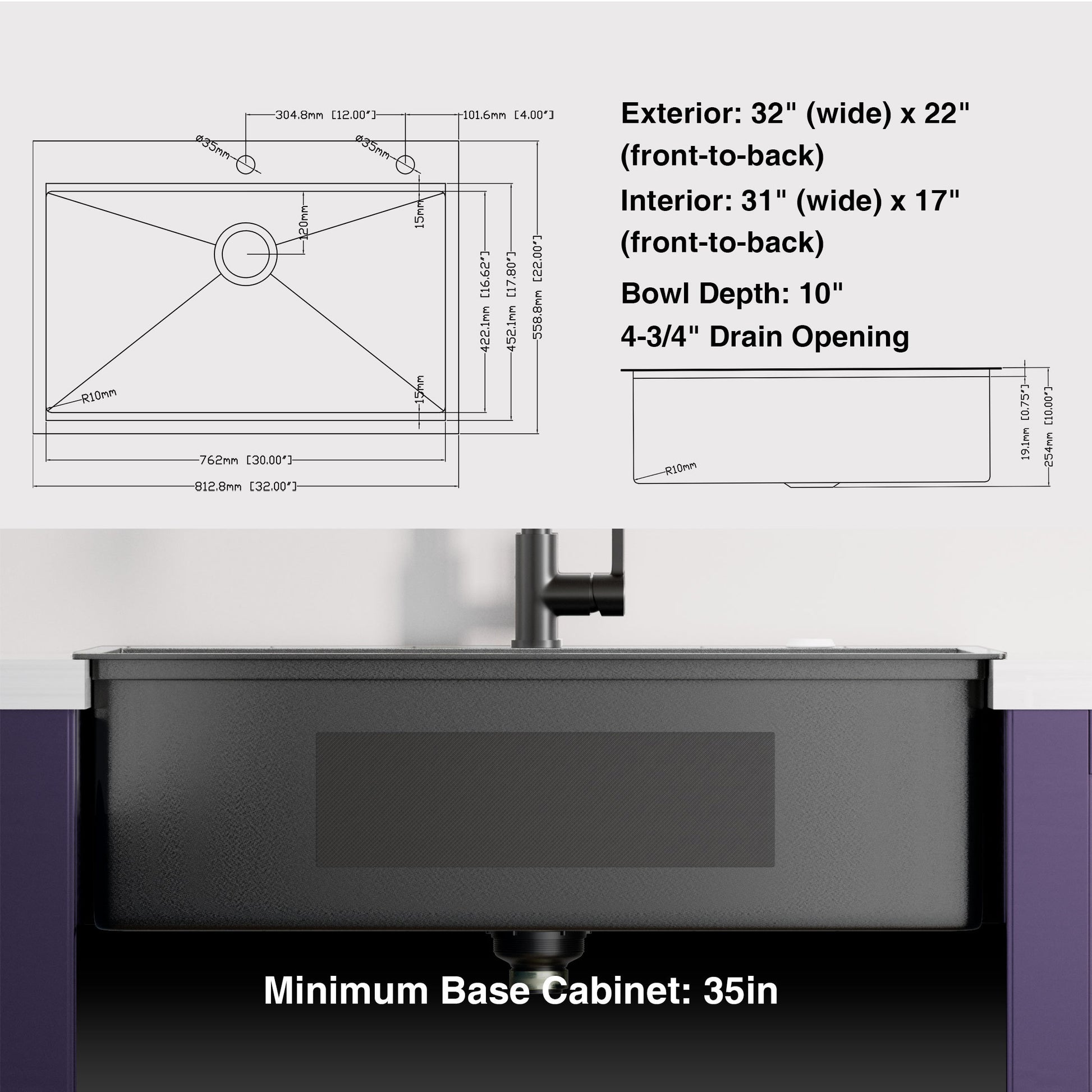 32X22 Inch Topmount Gunmetal Black Workstation 18 Gauge Stainless Steel Single Bowl Kitchen Sink Gunmetal Black Stainless Steel