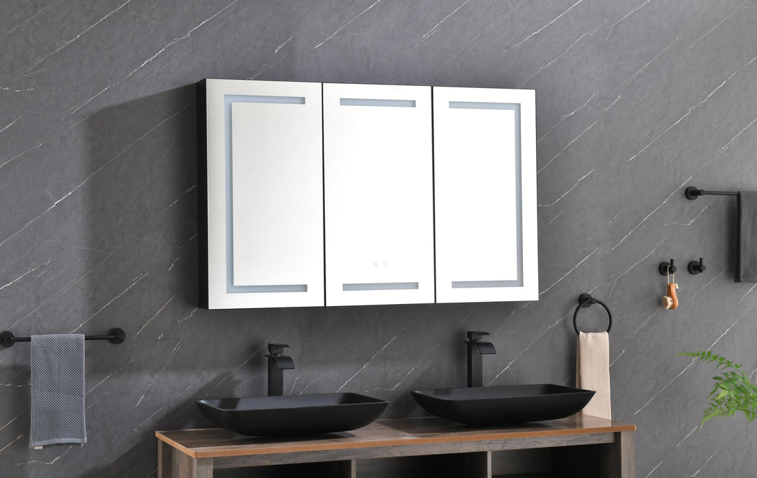 48*30 In Led Mirror Lighted Medicine Cabinet With Lights, Led Medicine Cabinet W Defogger, Dimmer, 3X Makeup Mirror, Outlets & Usb Matte Black Aluminium