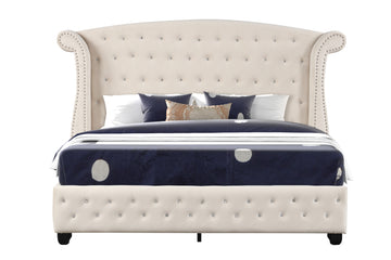 Sophia Crystal Tufted Queen Bed Made With Wood In Cream Box Spring Not Required Queen Cream Wood Bedroom Contemporary,Modern Upholstered Velvet Wood