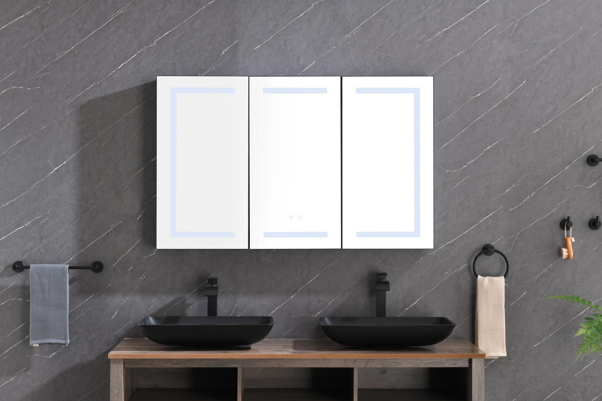 48*30 In Led Mirror Lighted Medicine Cabinet With Lights, Led Medicine Cabinet W Defogger, Dimmer, 3X Makeup Mirror, Outlets & Usb Matte Black Aluminium