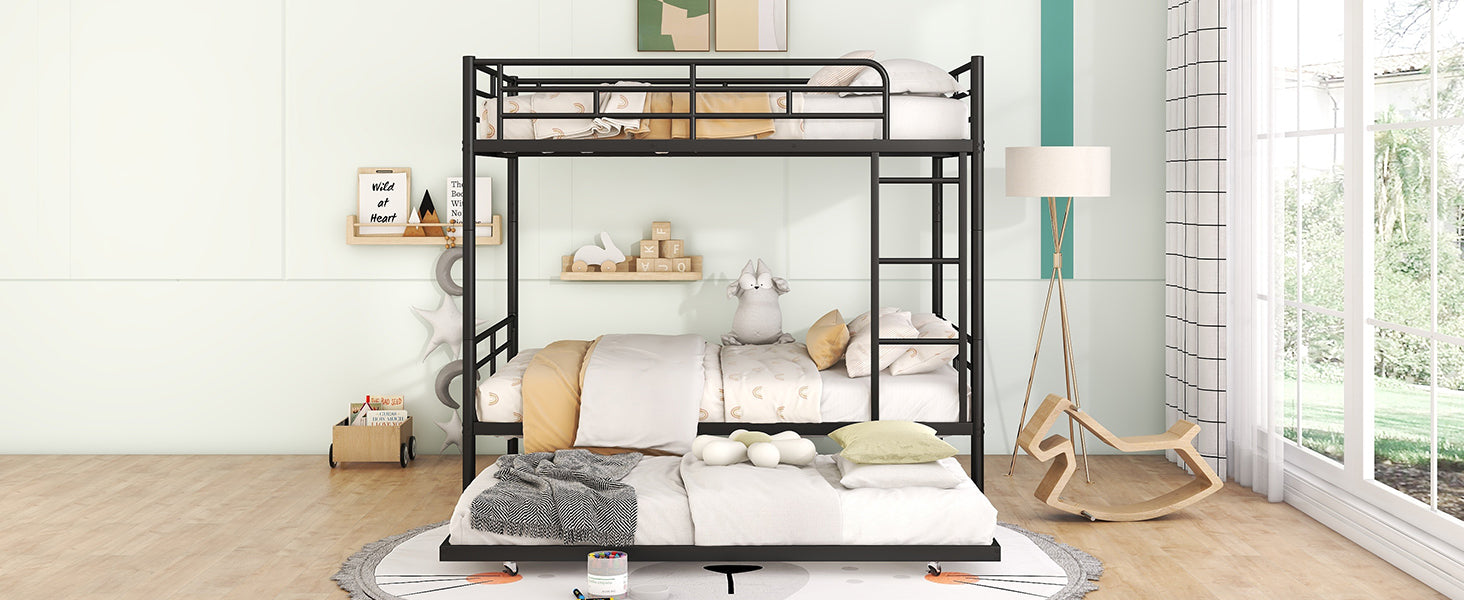 Full Over Full Metal Bunk Bed With Trundle, Black Black Iron