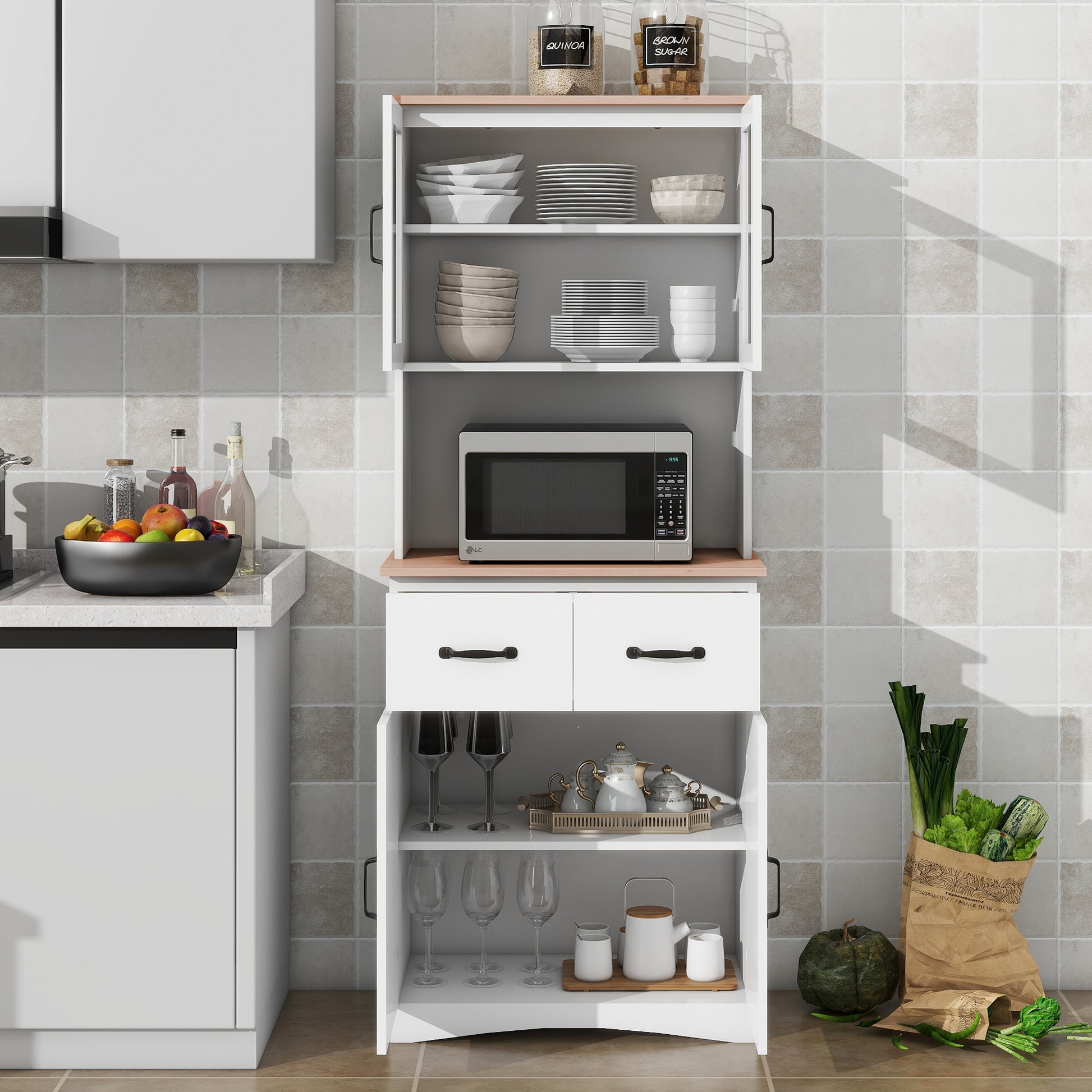 Wooden Kitchen Cabinet White Pantry Room Storage Microwave Cabinet With Framed Glass Doors And Drawer White Mdf