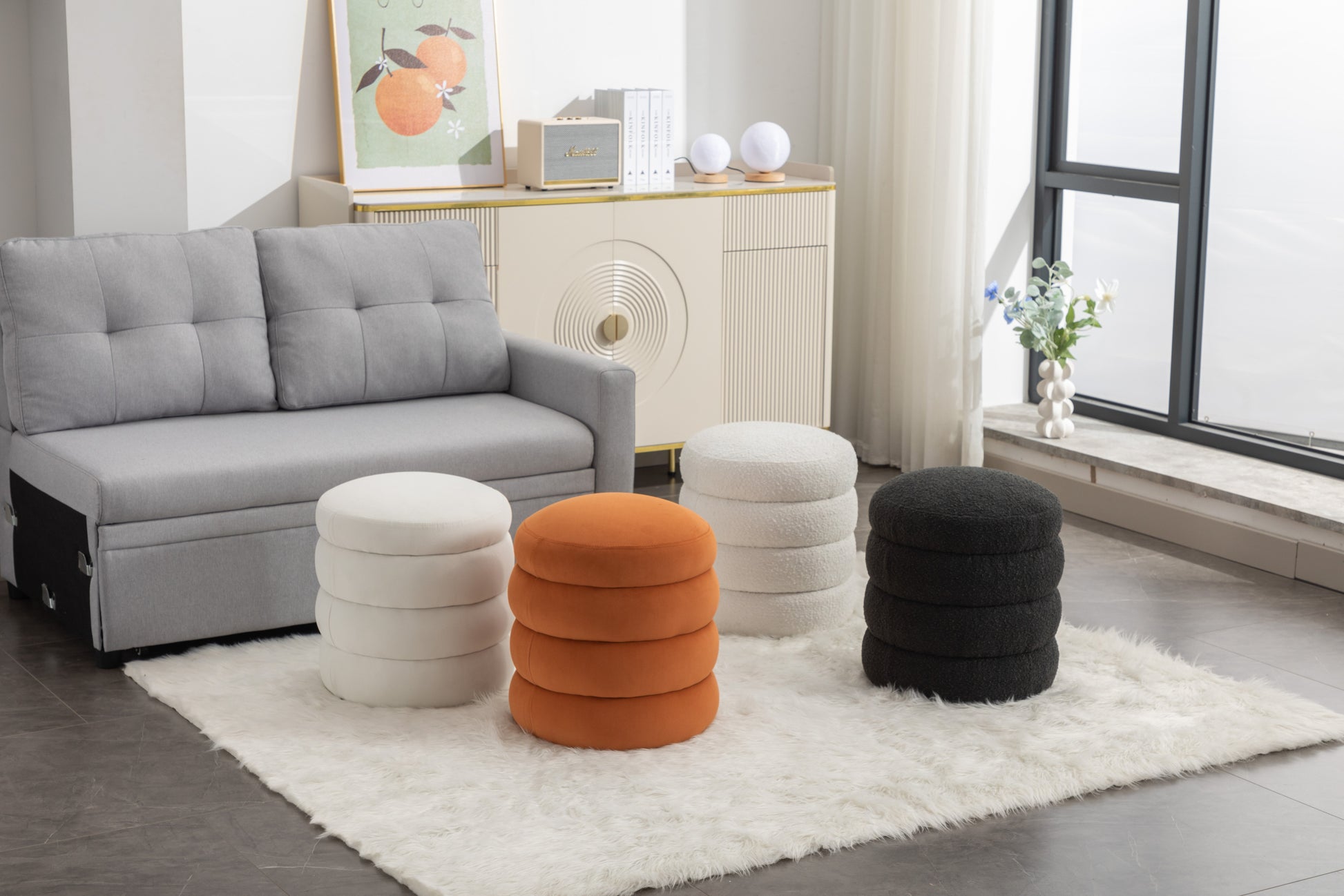 006 Soft Boucle Round Ottoman Footrest Stool,Black Black Boucle