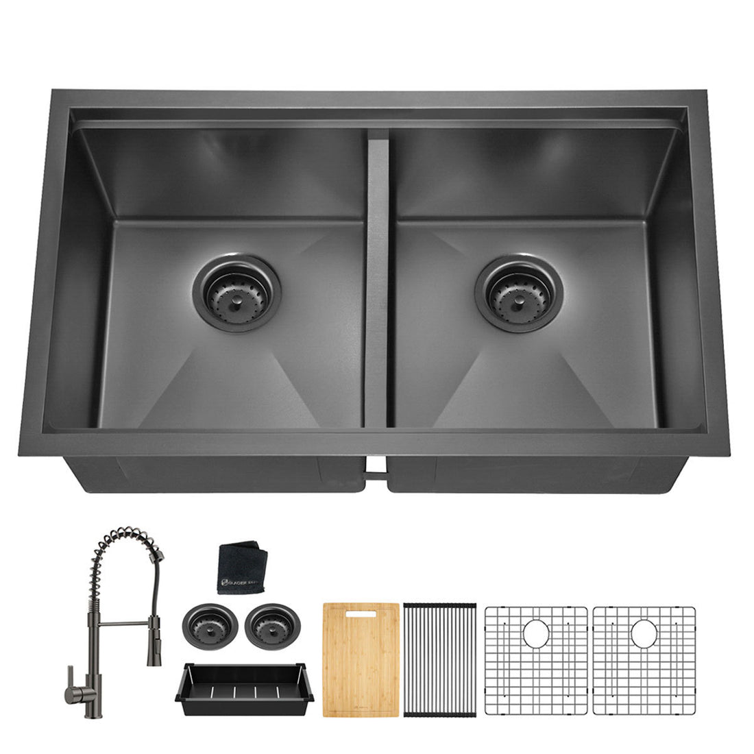 All In One 33X19Inch Undermount Gunmetal Black Double Bowl Kitchen Sink 18 Guage Stainless Steel With Faucet Gunmetal Black Stainless Steel