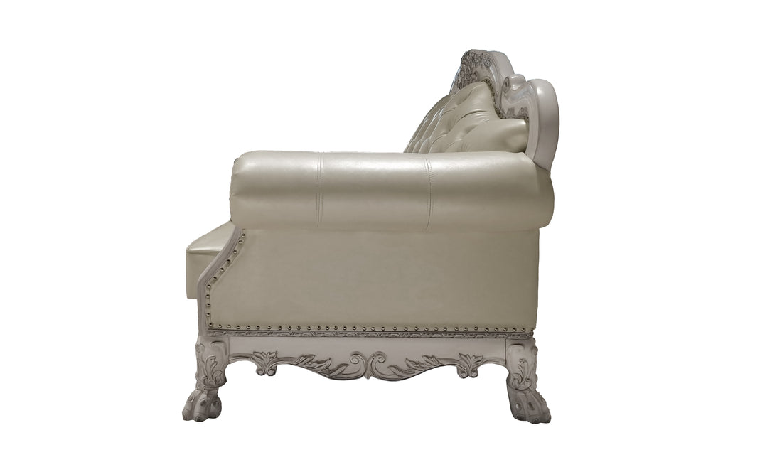 Dresden Loveseat W 3 Pillows, Synthetic Leather & Bone White Finish Lv01689 White Pu Leather