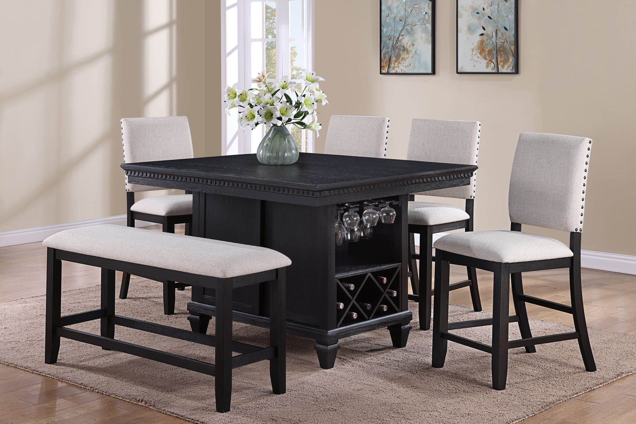 Traditional Vintage Style 6Pc Counter Height Dining Set Charcoal Black Finish Rectangular Table Gray Fabric Upholstered Chairs Bench Solid Wood Dining Room Furniture Wood Wood Charcoal Seats 6 Wood Dining Room Traditional Rectangular Dining Table With