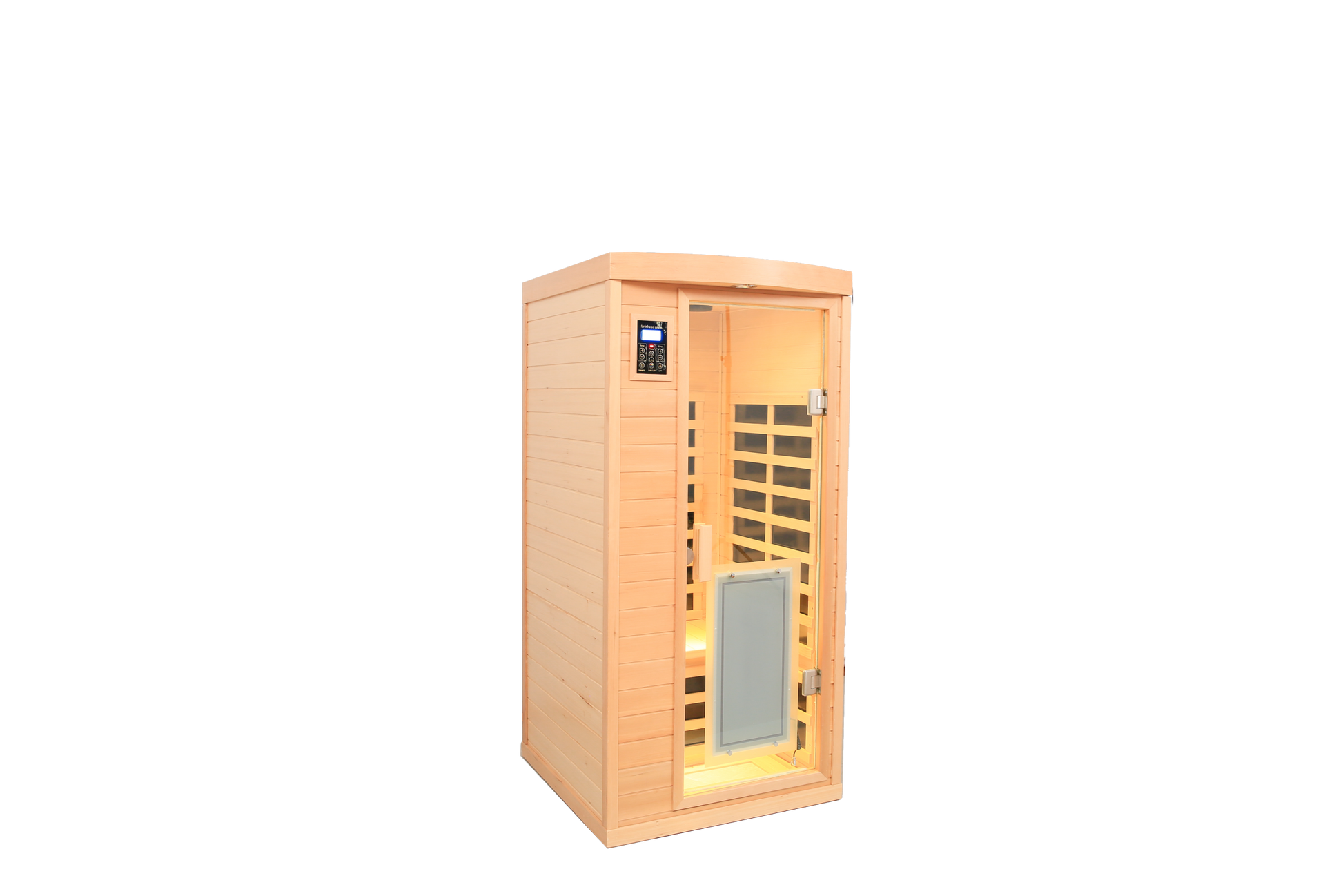 Low Emf Front Door With Heating Panel One People Hemlock Far Infrared Indoor Sauna Room Natural Wood Wood Stainless Steel Glass