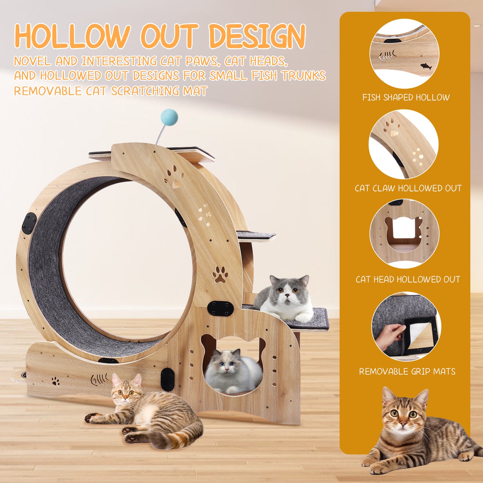 Cat Wheel 6 In 1 Cat Exercise Wheel,Upgraded Cat Wheel Exerciser For Indoor Cats,Large Cat Treadmill,Cat Running Wheel With Silent Wheel,Cat Walking Wheel Cat Furniture Cat Toys Natural Wood Wood