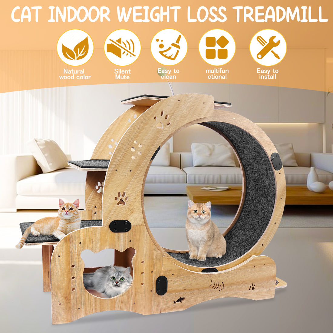 Cat Wheel 6 In 1 Cat Exercise Wheel,Upgraded Cat Wheel Exerciser For Indoor Cats,Large Cat Treadmill,Cat Running Wheel With Silent Wheel,Cat Walking Wheel Cat Furniture Cat Toys Natural Wood Wood