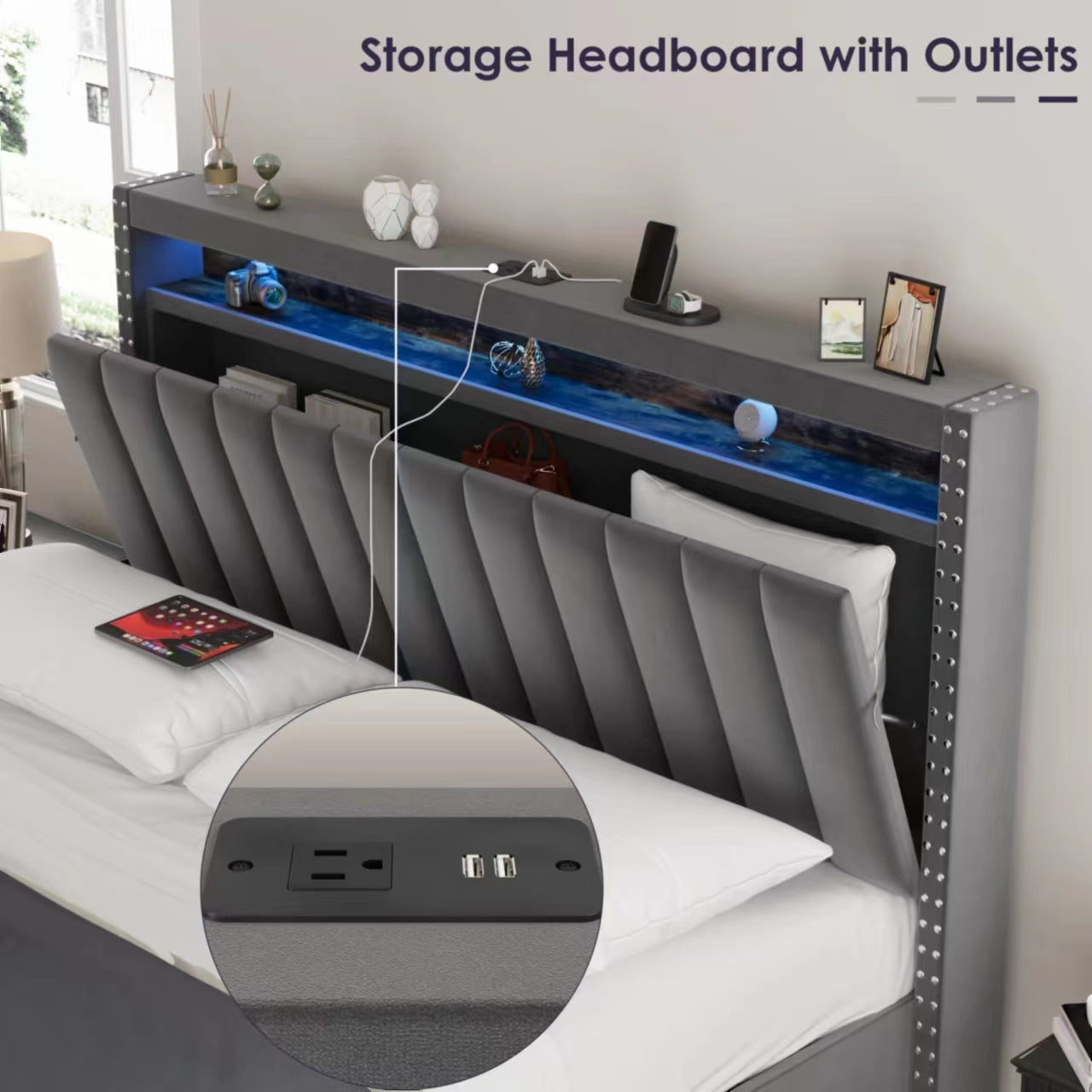 Luxury Gas Lift Storage Bed With Rf Led Lights, Storage Headboard ,King Size ,Velvet Grey Box Spring Not Required King Dark Gray Wood Brown Bedroom American Design Poplar Slat Beds Polyurethane Foam Velvet Metal & Wood