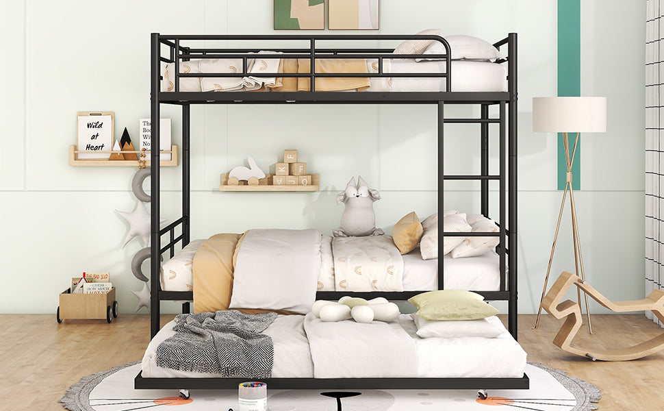 Full Over Full Metal Bunk Bed With Trundle, Black Black Iron