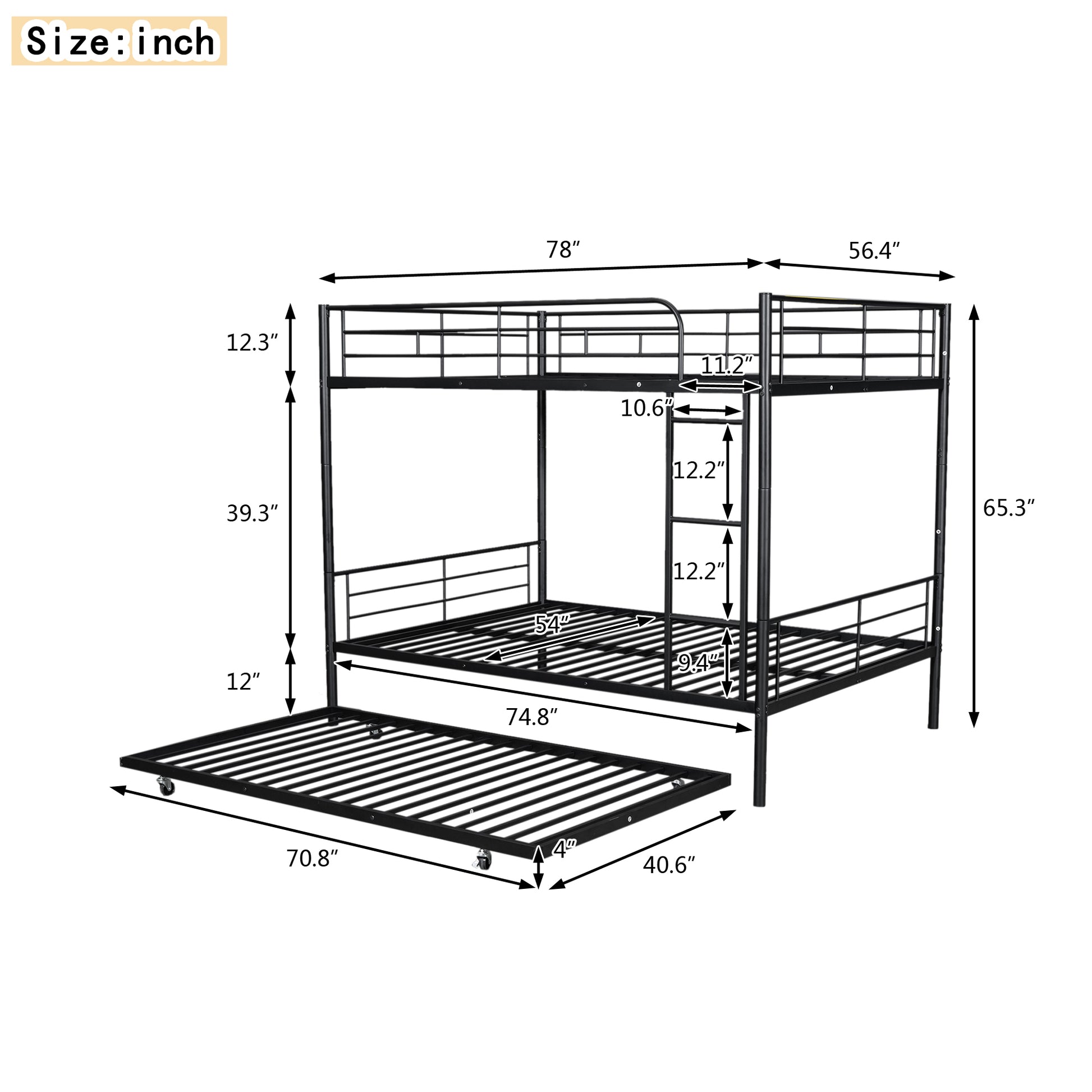 Full Over Full Metal Bunk Bed With Trundle, Black Black Iron