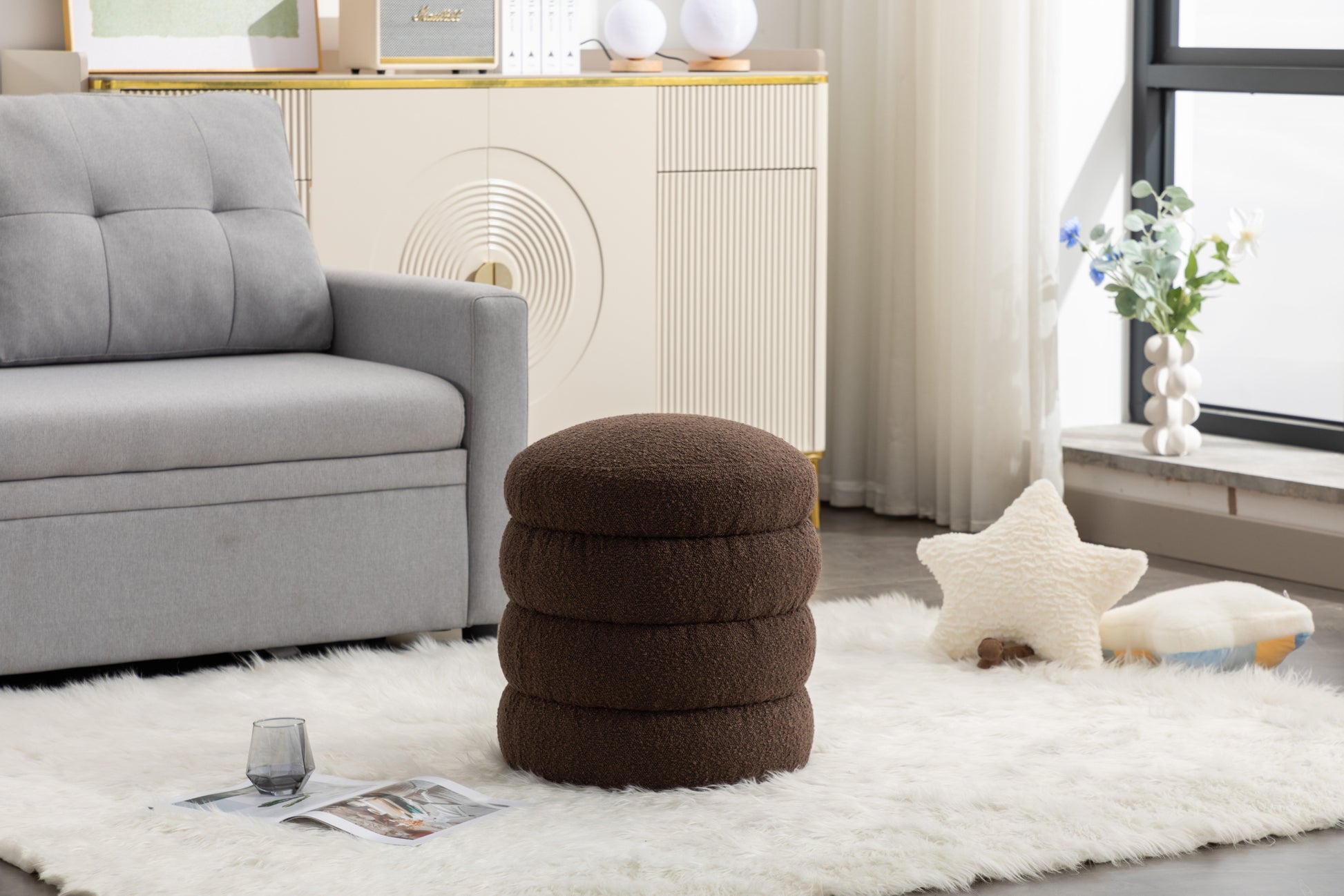 006 Soft Boucle Round Ottoman Footrest Stool,Brown Brown Boucle