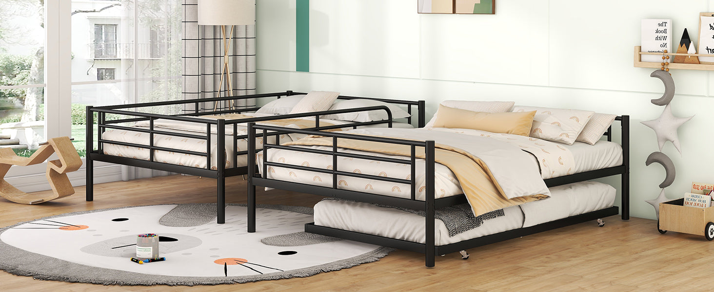 Full Over Full Metal Bunk Bed With Trundle, Black Black Iron