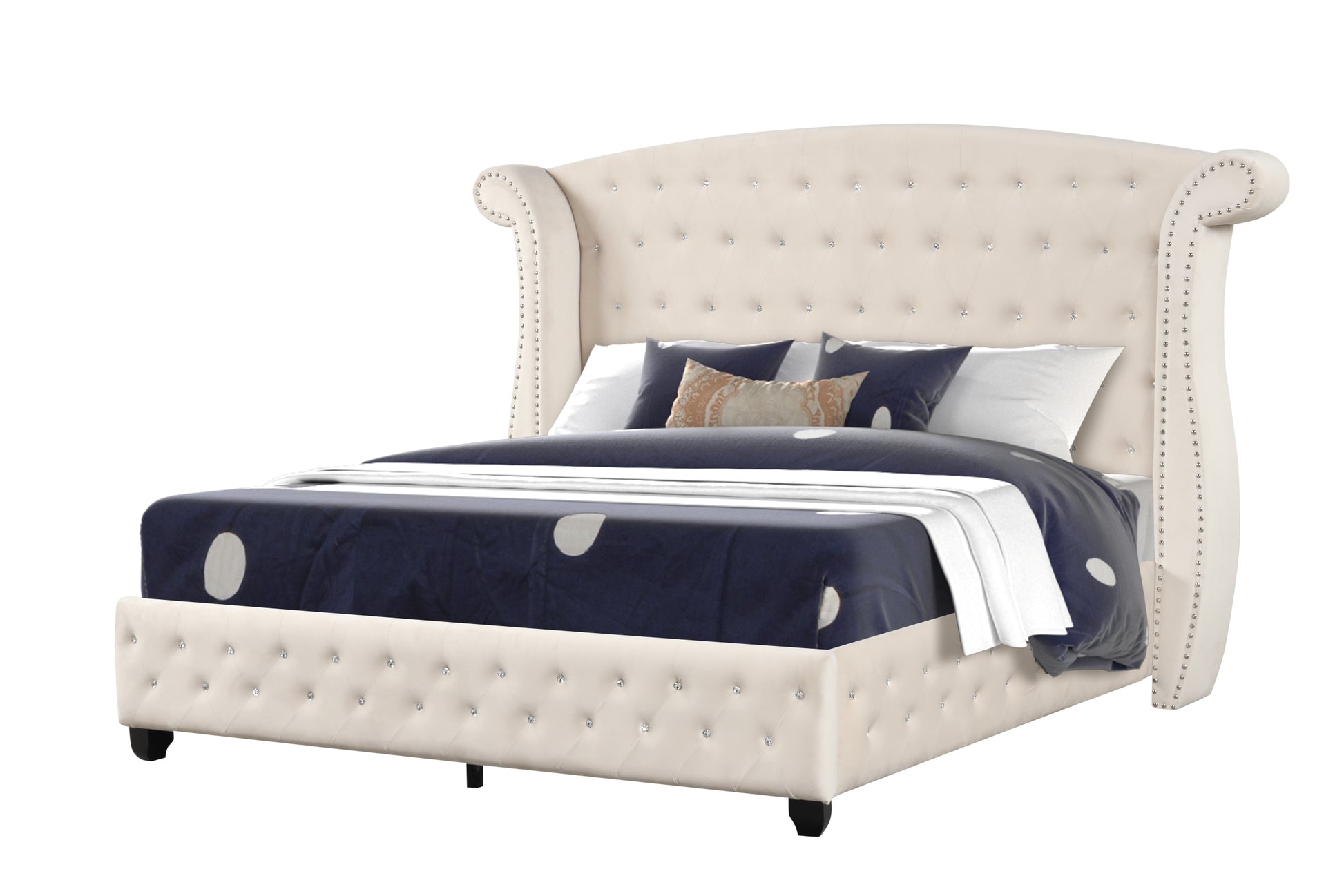 Sophia Crystal Tufted Full Bed Made With Wood In Cream Box Spring Not Required Full Cream Wood Bedroom Contemporary,Modern Upholstered Velvet Wood