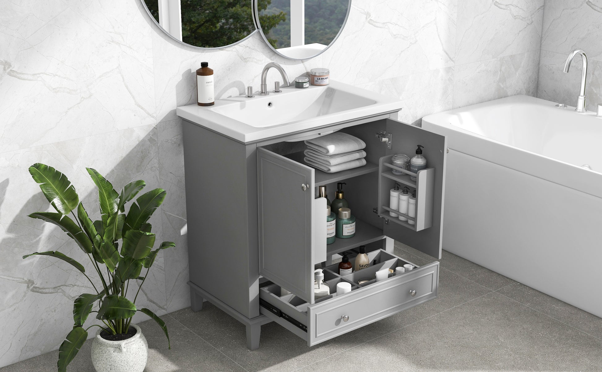 30" Bathroom Vanity With Sink Combo, Multi Functional Bathroom Cabinet With Doors And Drawer, Solid Frame And Mdf Board, Grey Grey Solid Wood Mdf