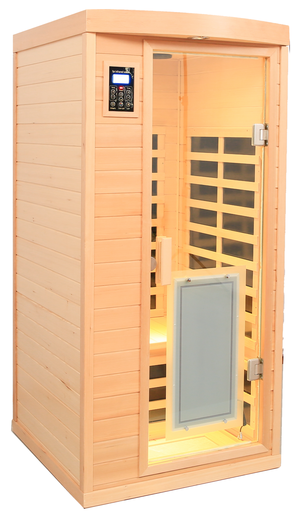 Low Emf Front Door With Heating Panel One People Hemlock Far Infrared Indoor Sauna Room Natural Wood Wood Stainless Steel Glass