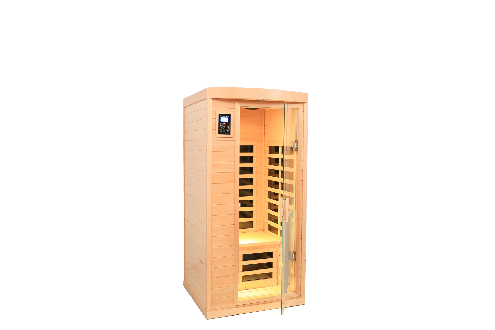 Low Emf Front Door With Heating Panel One People Hemlock Far Infrared Indoor Sauna Room Natural Wood Wood Stainless Steel Glass