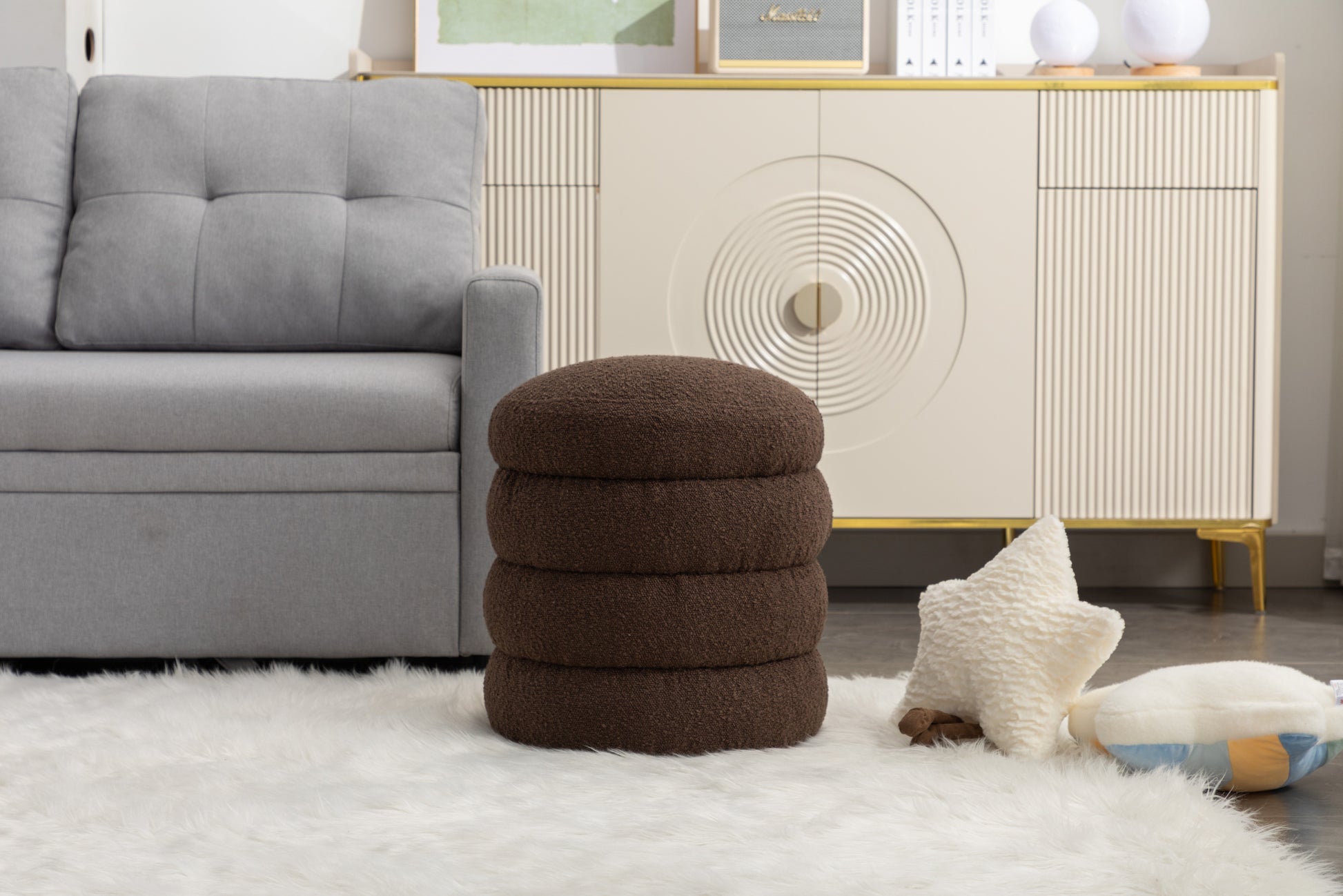 006 Soft Boucle Round Ottoman Footrest Stool,Brown Brown Boucle