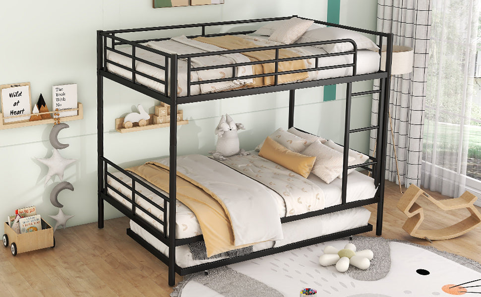 Full Over Full Metal Bunk Bed With Trundle, Black Black Iron