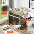 Furniture Style Dog Crate Side Table With Feeding Bowl, Wheels, Three Doors, Flip Up Top Opening. Indoor, Grey, 38.58