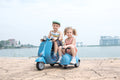 6V Licensed Vespa Scooter Motorcycle With Side Car For Kids, Blue Blue Chrome